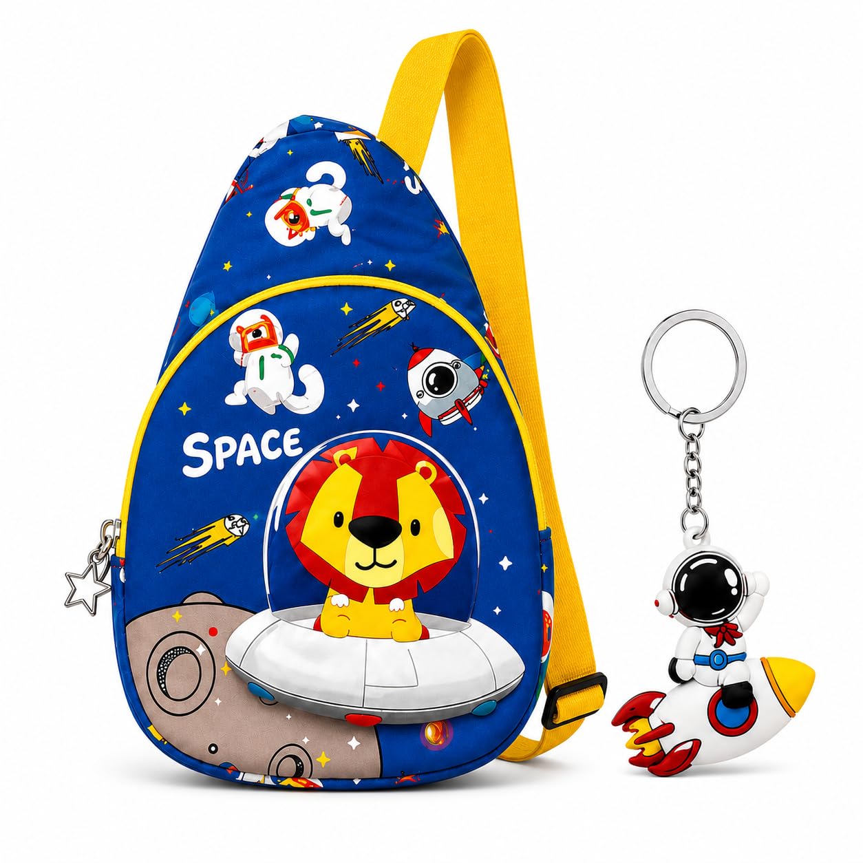 Space Lion Sling Bag Combo Set for Kids - Cute Astronaut Crossbody Bag with Kawaii Keychain (2 Items) - Birthday Gift for Boys and Girls-image-4