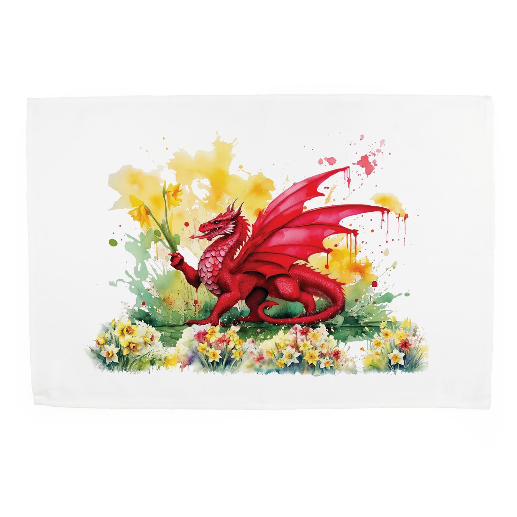 Welsh Dragon & Daffodils Tea Towel - Large Cotton Kitchen Dish Towel Gift