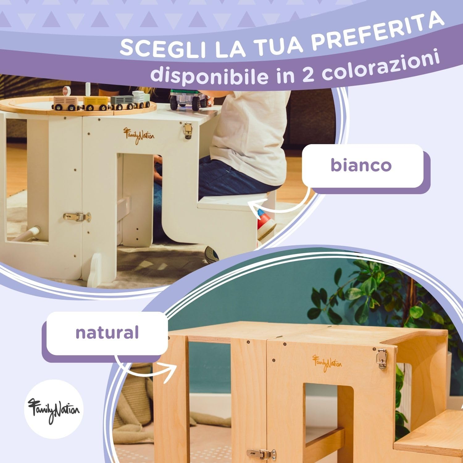 Family Nation, Torre Montessoriana 2 in 1, Convertibile in Tavolo e Sedia, per Bambini da 1 Anno di Età, Struttura in Legno con Supporto Extra, Bianca, 42x45x86 cm