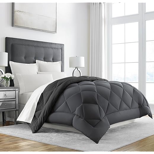 Sleep Restoration All Seasons Queen / Full Size Comforter - Reversible - Cooling, Lightweight Summer Down Comforter Alternative - Hotel Quality Bedding Comforters - Grey/Black