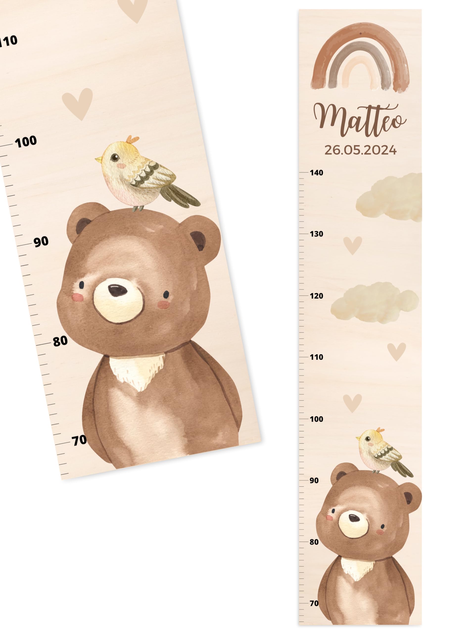 Bärenfreunde® - Personalisierte Messlatte Kind Holz zum Kleben oder Aufhängen - Skala 70-140cm - Süße Dekoration für Baby- & Kleinkinderzimmer (Kinder 70-140cm, Bär)