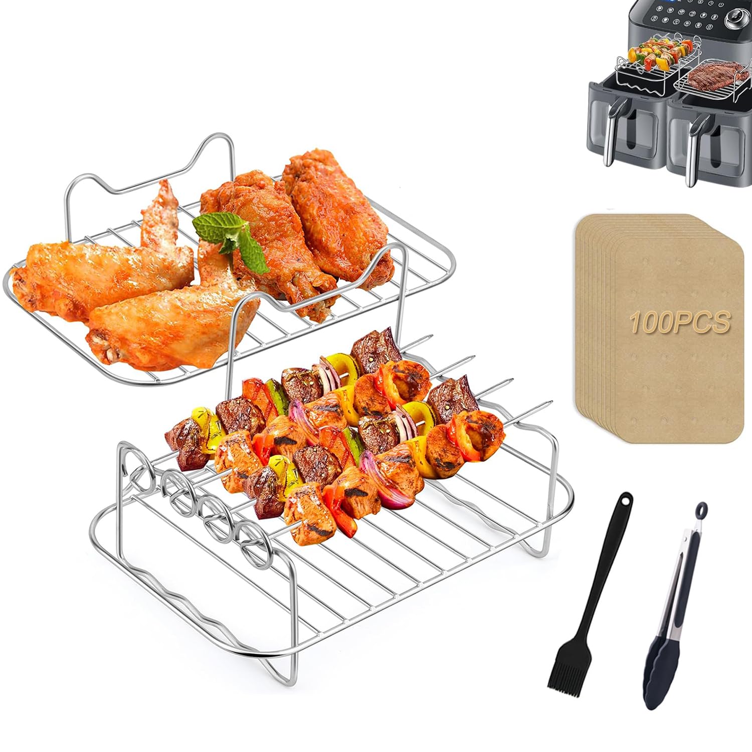 Dual Zone Air Fryer Accessories, 2pcs Air Fryer Rack with 100pcs Air Fryer Paper Liners Compatible with Ninja Foodi Air Fryer DZ201, DZ401, 5 pcs Double Basket Air Fryer Accessories