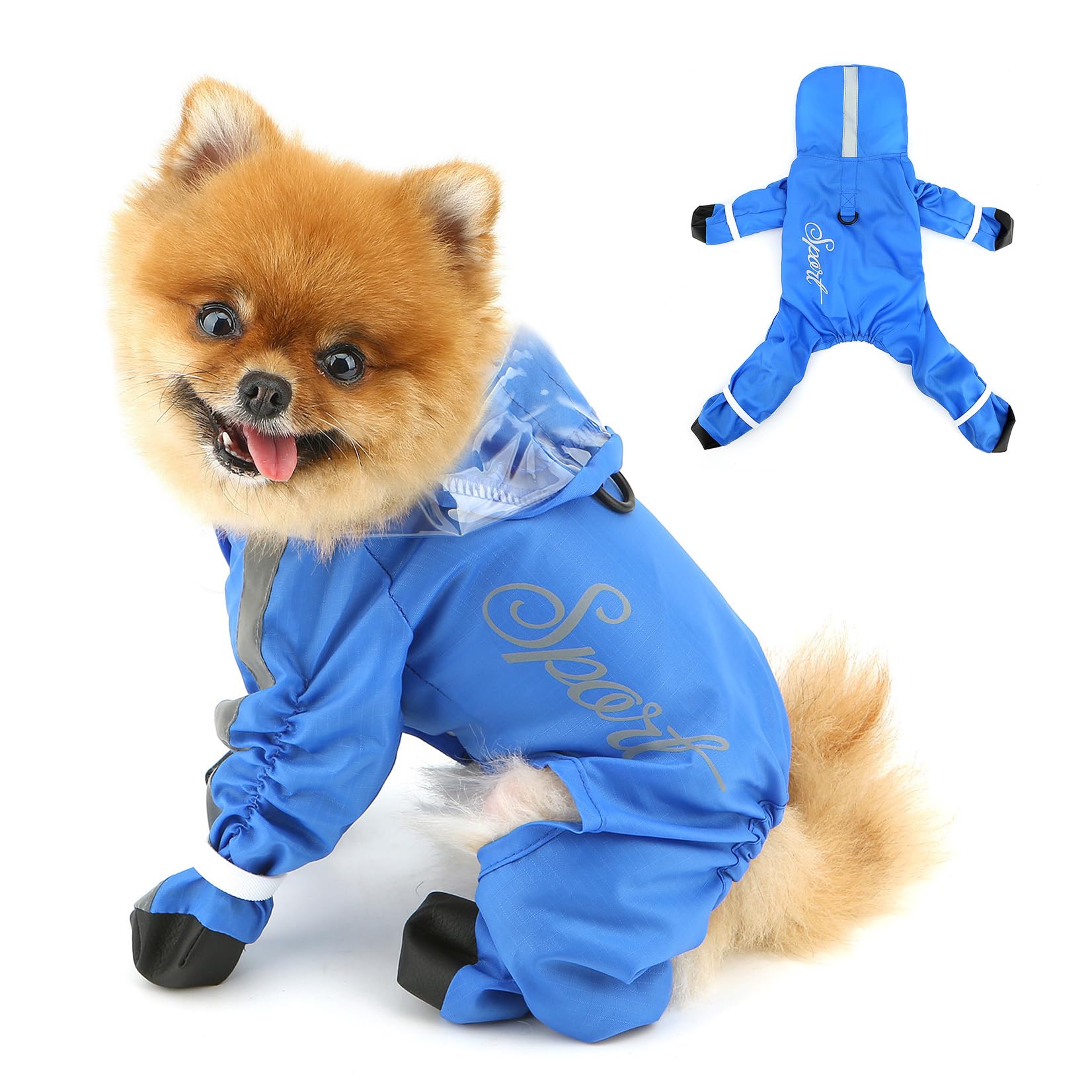 PAIDEFUL Dog Raincoat, 4 Legs Dog Rain Jacket for Small Dogs Feet Cover Waterproof Doggie Rain Coats with Button Reflective Stripe Transparent Hood Rain Resistant Pet Jumpsuit D-ring,Blue,M