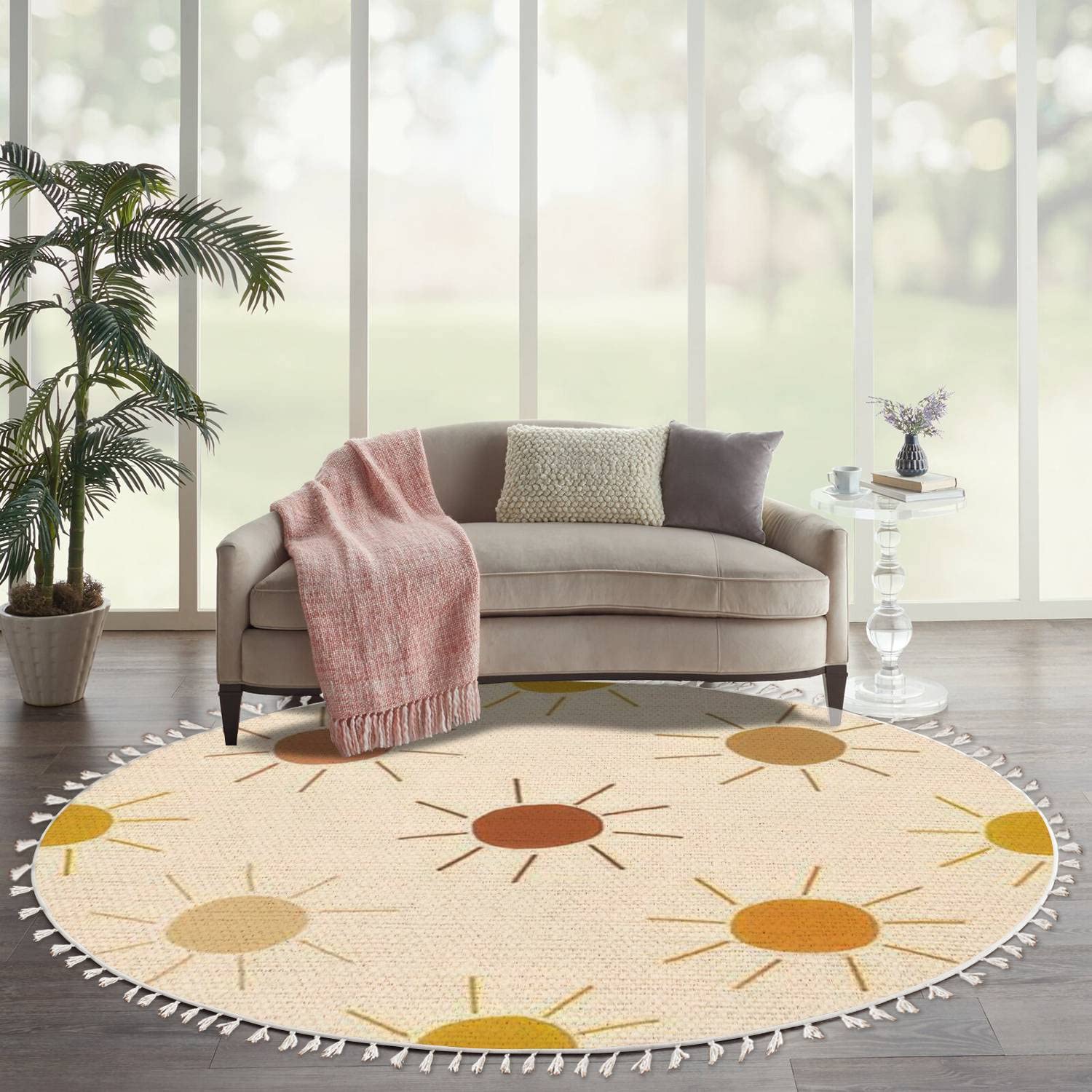 DNEWYNPABV Round Boho Rug Sun only Seamless Sunny dots Summer Baby Print Earthy Warm Trendy Area Linen Carpet Patio Hallway Runner Mat Pad Minimalist
