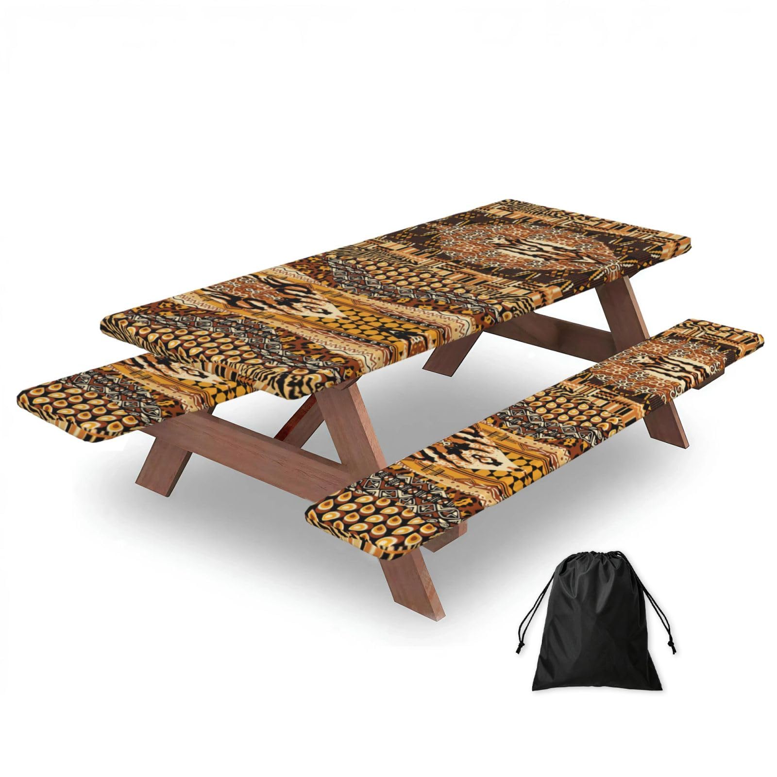 Zyjhyy Black African Style Patchwork Print Party Table Covers With Bench Covers Set Of 3 Picnic Table Cloth Wipe Clean For Garden Camping