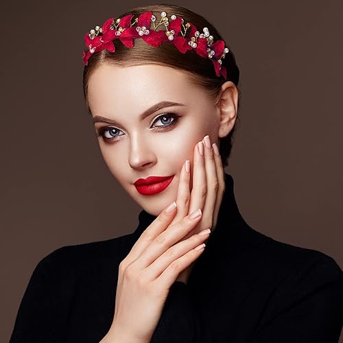 Miniatura 3 de ANCIRS Paquete de 2 diademas de corona de flores rojas para novia, coronas de rosas rojas con diamantes de imitación, accesorios para el cabello y