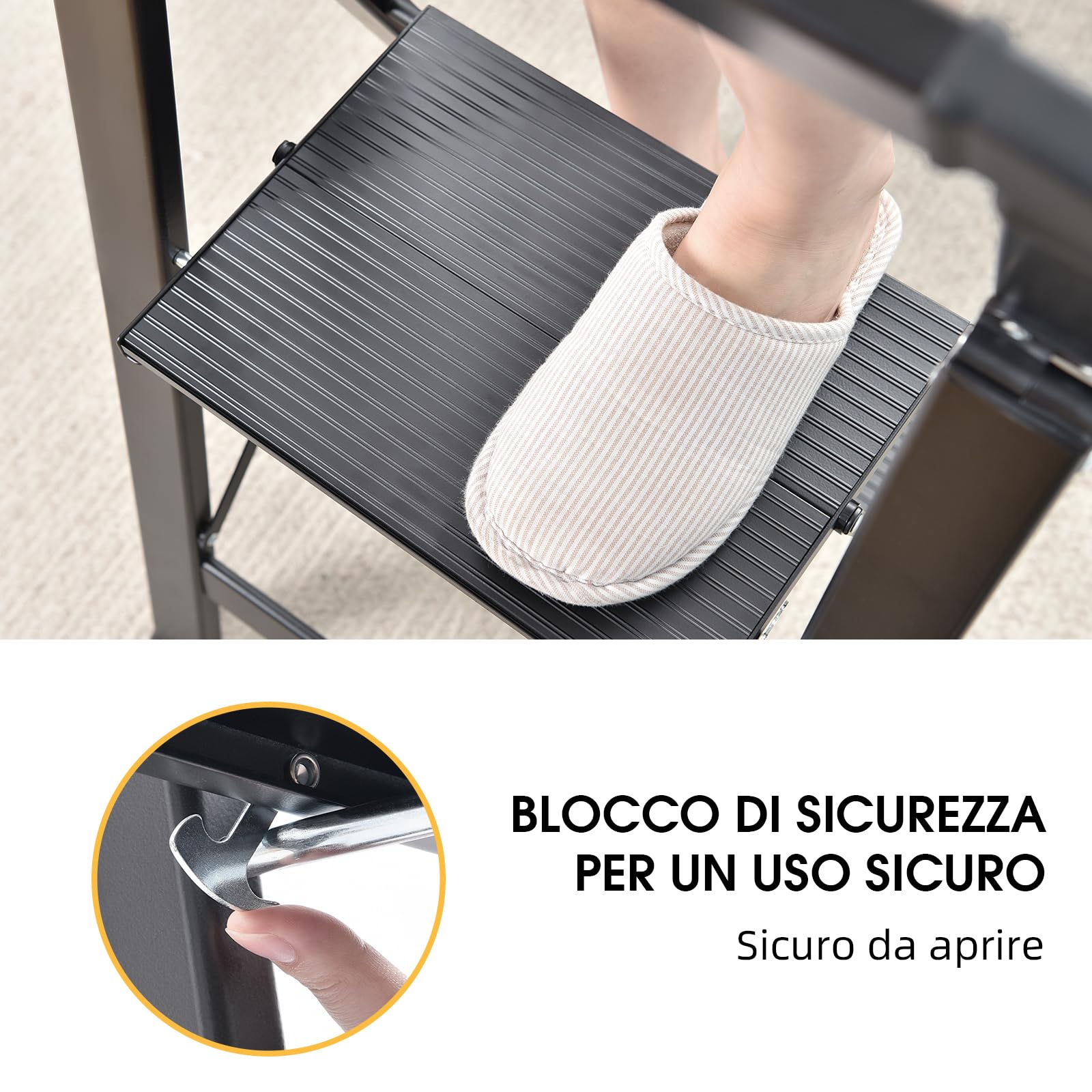 KINGRACK Scaletta 2 Gradini di Pieghevole, Scala in Alluminio con Corrimano, con Dispositivo di Protezione di Sicurezza. Gradini Antiscivolo, Massima 150kg, Nero