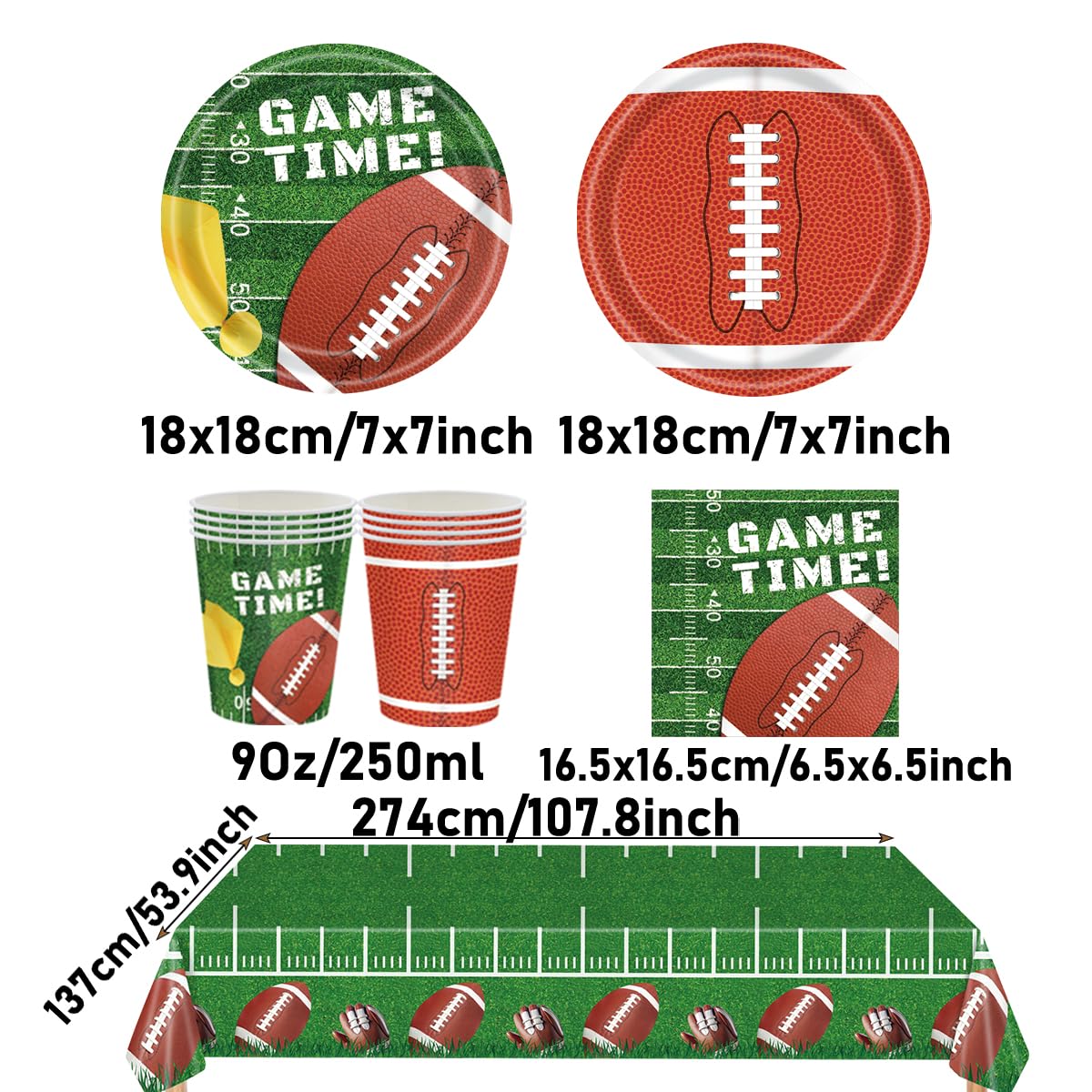 Rugby Stoviglie per feste, 61 pezzi football americano Stoviglie per compleanni per bambini, Tema sportivo Set di piatti di carta per feste, Compresi bicchieri, tovaglioli e tovaglie