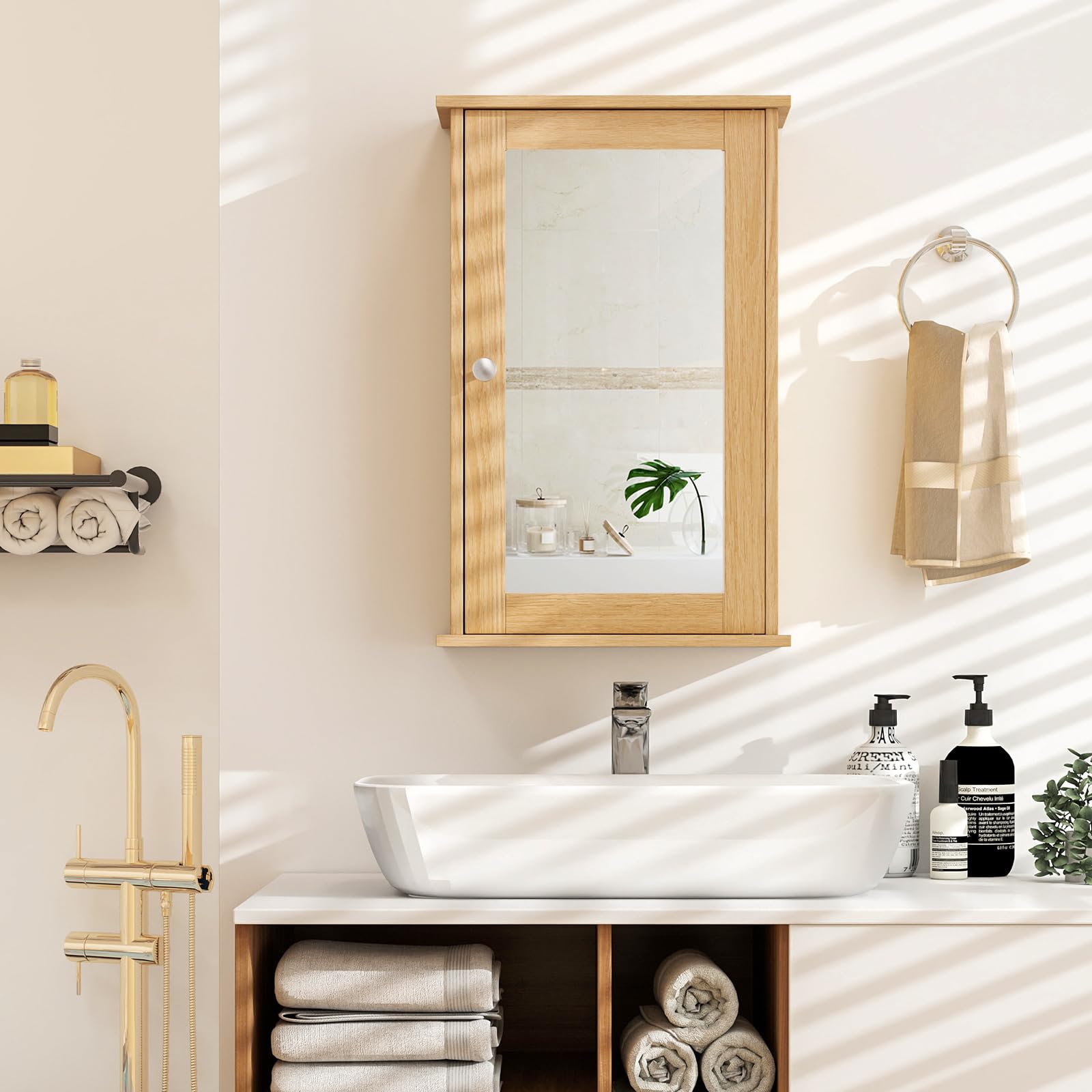 GIANTEX Armoire Murale avec Mirror, Meuble Salle de Bain Rangement avec Étagère Réglable & 2 Compartiments, Placard de Rangement pour Toilette, Salon, 34 x 15 x 53 cm (Naturel)