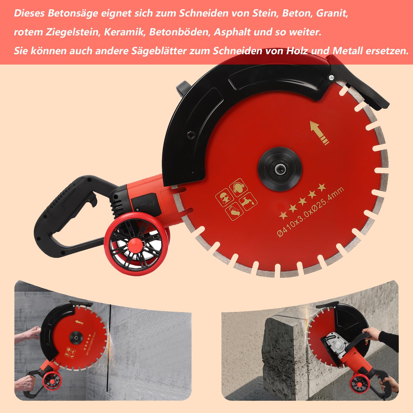 Sega per calcestruzzo a secco, 4000 W, 3000 giri/min, per calcestruzzo, pietre in acciaio, per taglio senza polvere, con lama da 410 mm, con pompa dell'acqua
