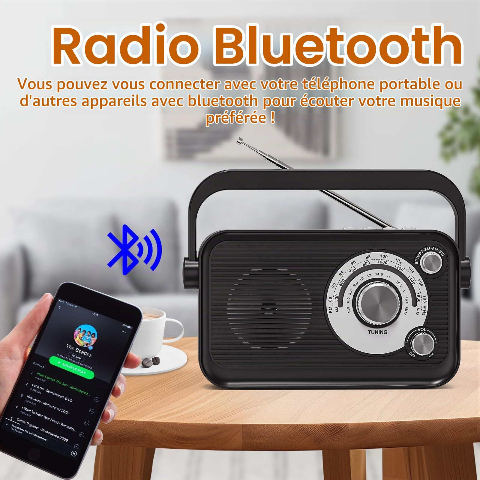 Radio Portable, Radio Portables FM/AM/SW, Alimentation Électrique et Piles, Radio à Piles avec Fonction Bluetooth et MP3, Radio Pourbureau/Cuisine/Camping/Urgences