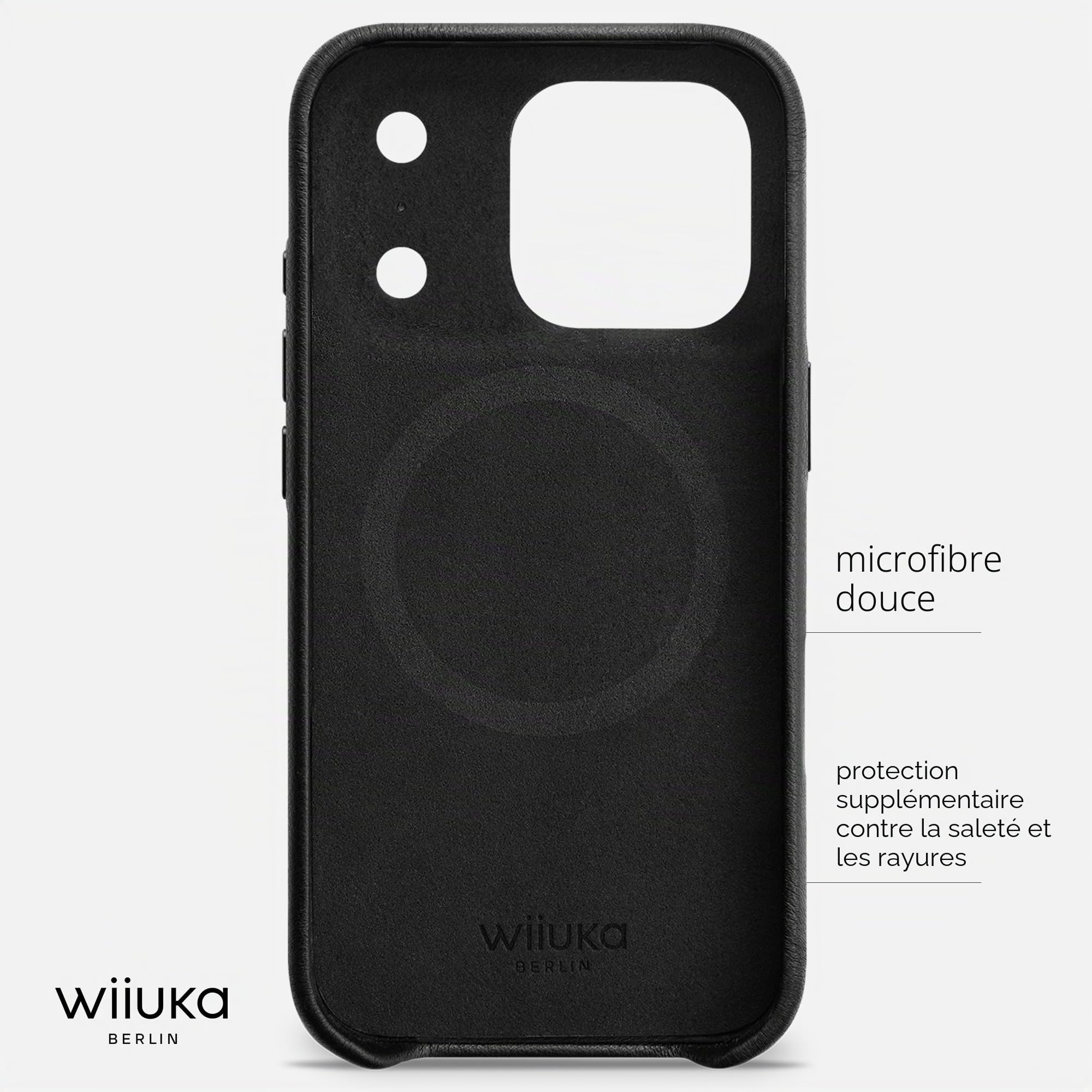 WIIUKA Étui pour iPhone 17 Pro, cuir fabriqué en Allemagne, étui en cuir ultra fin, étui premium, Qi, skiin, Noir