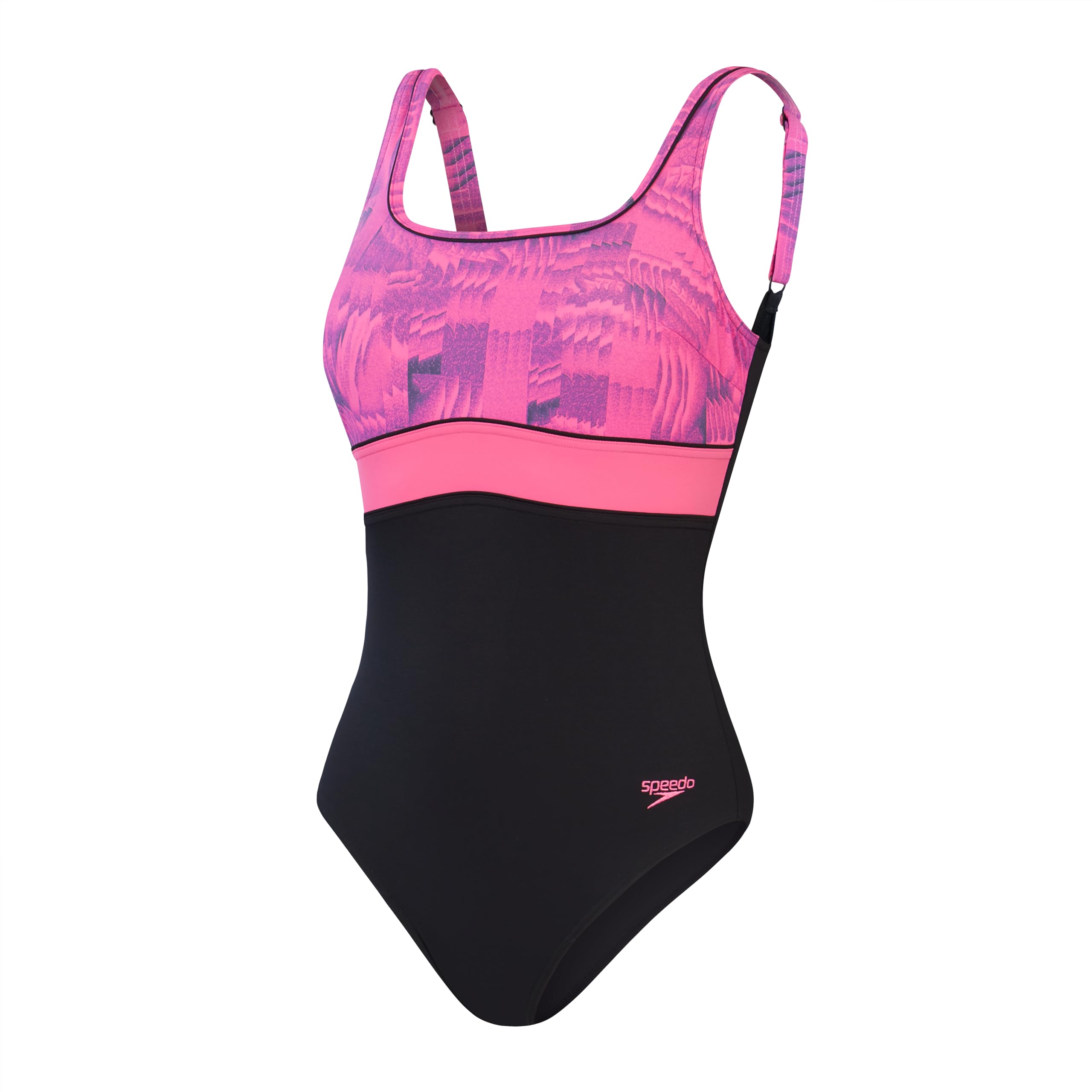 Speedo Women's Shaping ContourEclipse 1 Piece Swimsuit | Shapewear | Beach and Holiday Swimwear, Black/Bloomious Pink/Cupid Coral, 32/8
