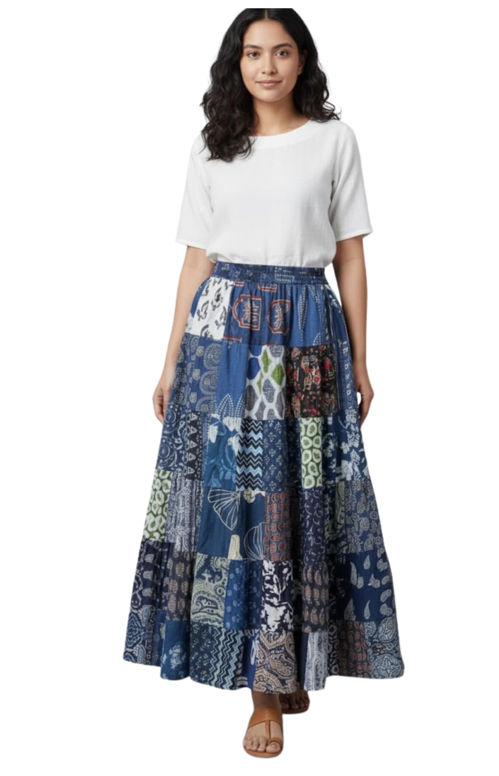 Women's Cotton Patchwork Printed Elastic Long Skirt for Casual-image-32