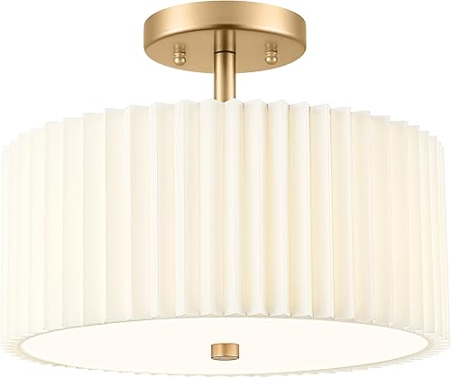 Vista 33 de Luces de Techo Semiempotradas Doradas, Lámpara de Techo de 4 Luces de 18" con Pantalla de Tela en Forma de Flor, Iluminación de Tambor de Latón