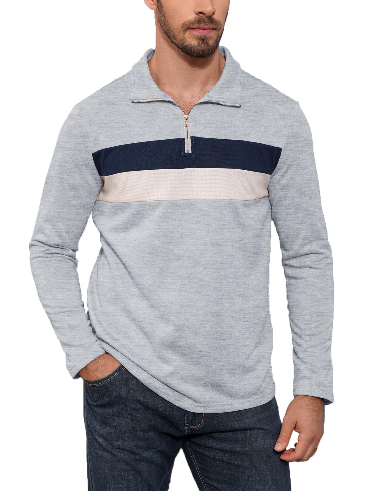 Angbater Mens Long Sleeve Quarter Zipper Polo Shirts Striped Color Block Sweater Mock Neck Golf Pullover