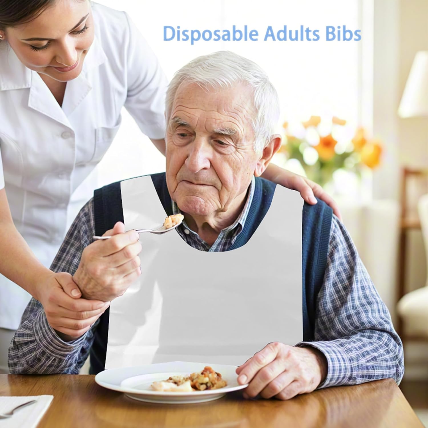 Disposable Adult Bibs 100 Pack, Adult Bibs for Women & Men, Oil-Proof Clothing Protectors with Crumb Catcher for Elderly