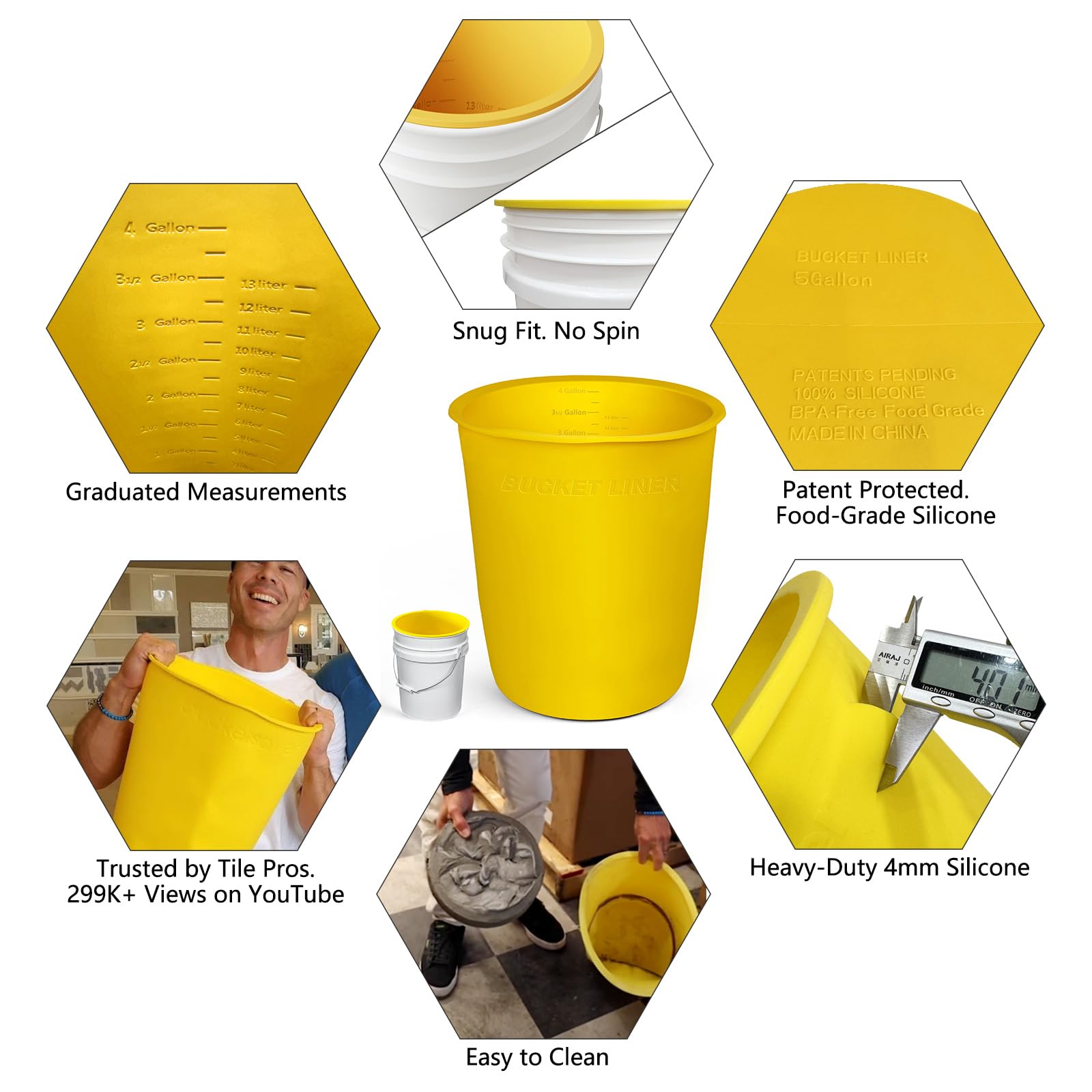 Cubo de silicona reutilizable de 5 galones para pintura Thinset, epoxi, hormigón, mezcla, cubo, con medidas graduadas, color amarillo resistente