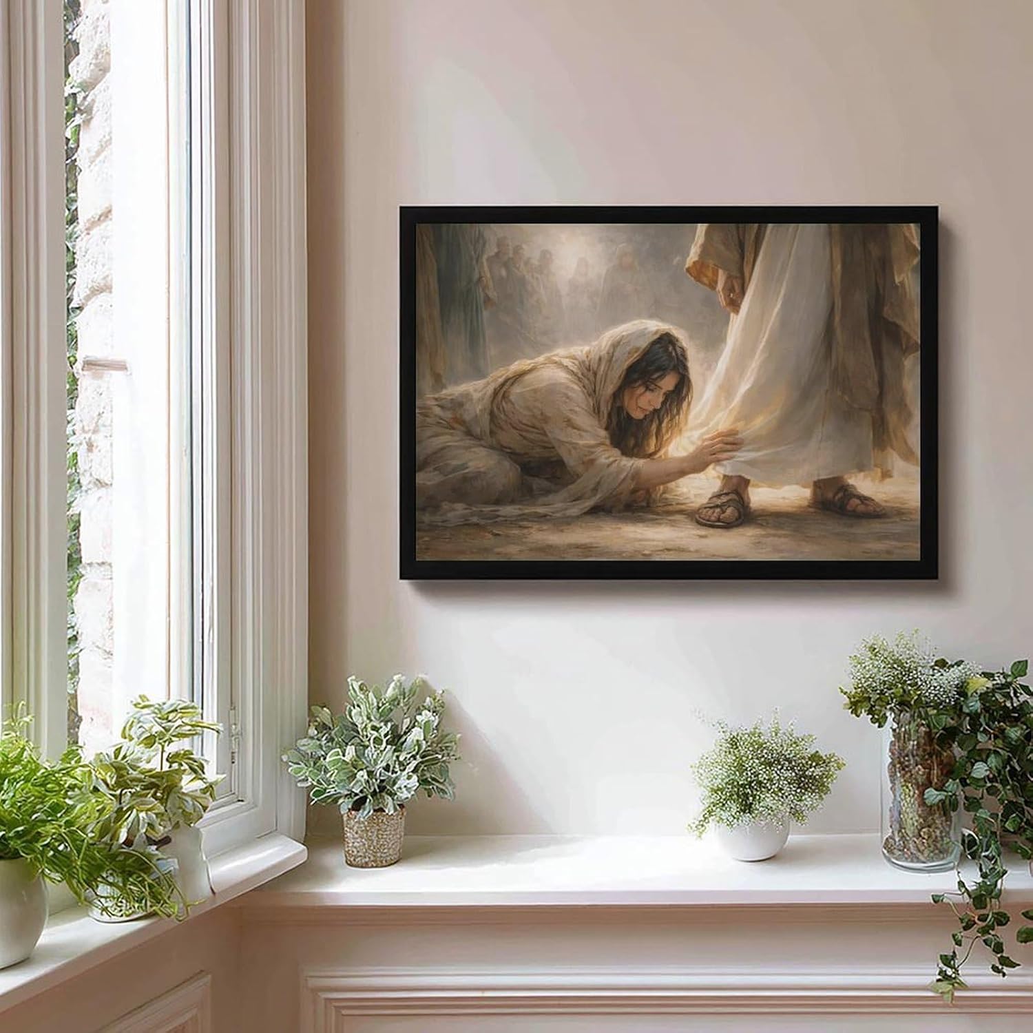 Black Framed Christian Wall Art - Woman Touching Jesus Hem Canvas Print, Biblical Healing Miracle Painting, Modern Religious Decor for Living Room, Spiritual Faith Gifts, Ready to Hang (24" x 16")