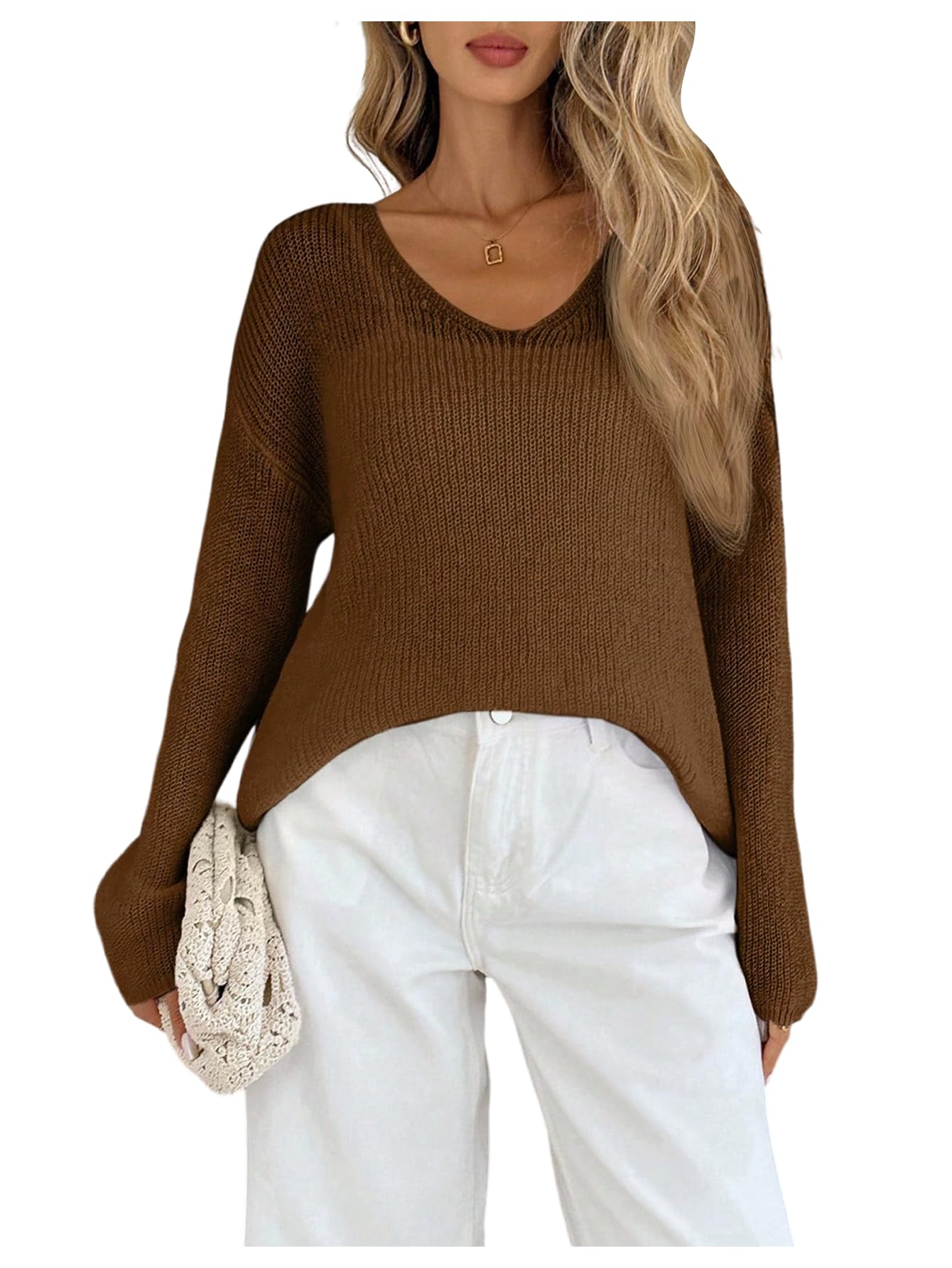 OYOANGLE Womens Lightweight Crochet Sweater V Neck Long Sleeve Loose Pullover Jumper Tops