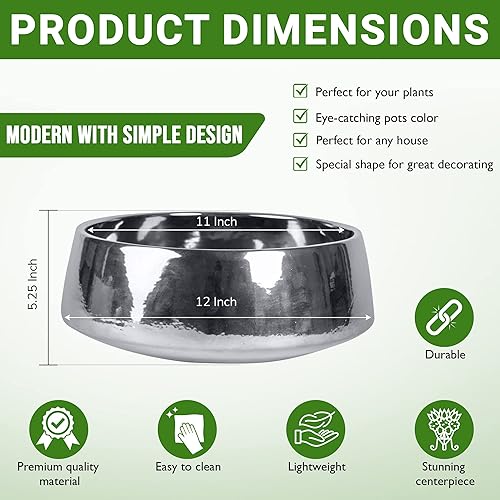 Miniatura 6 de Maceta redonda y elegante de cerámica plateada para centro de mesa, moderna maceta decorativa para interiores y exteriores, 5 pulgadas de alto x 12