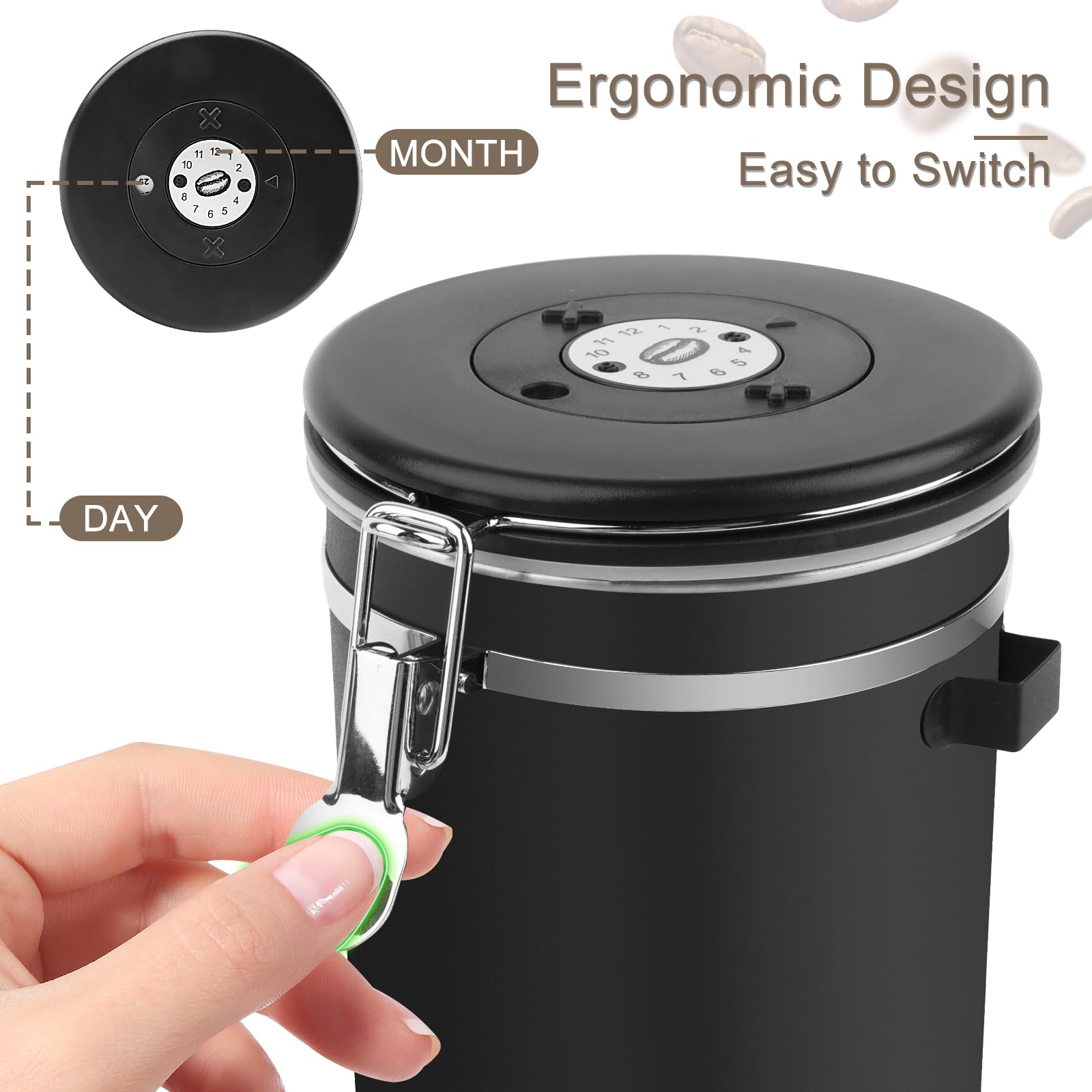 LWMTT Contenitore ermetico in acciaio inox, 1,8 l, con valvola di scarico, per chicchi di caffè, noci, cacao (BK)