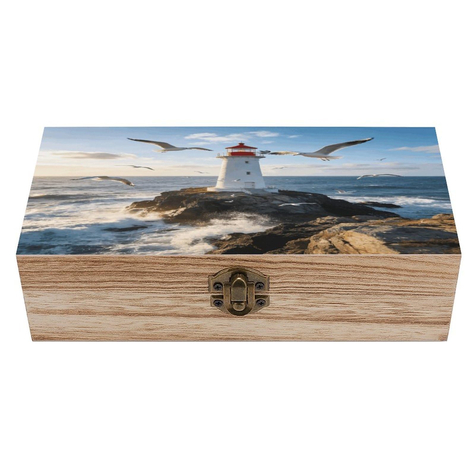 LZQPOEAS Lighthouse Seagull Wooden Keepsake Box Wooden Storage Box Container with Hinged Lid Beautiful Wood Memory Box Decorative Jewelry Case for Crafts Art Hobbies & Trinket Storage