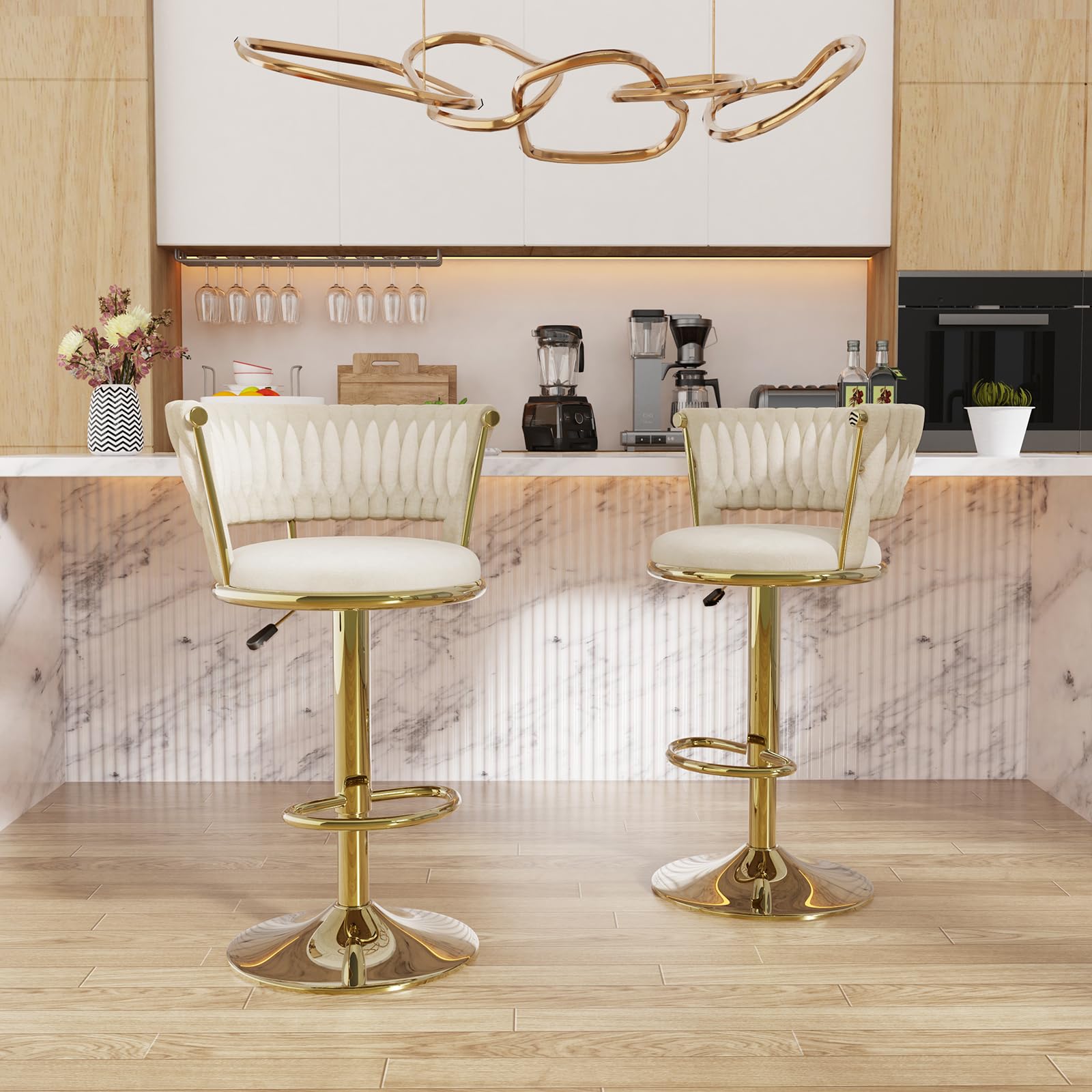 Estilo Real Taburetes de Bar Elegante Silla de Bar de Terciopelo Taburete para mostrador Elevable Taburete de Cocina Giratorio para Cocina, Bar, mostrador, Bar en casa, Dorado