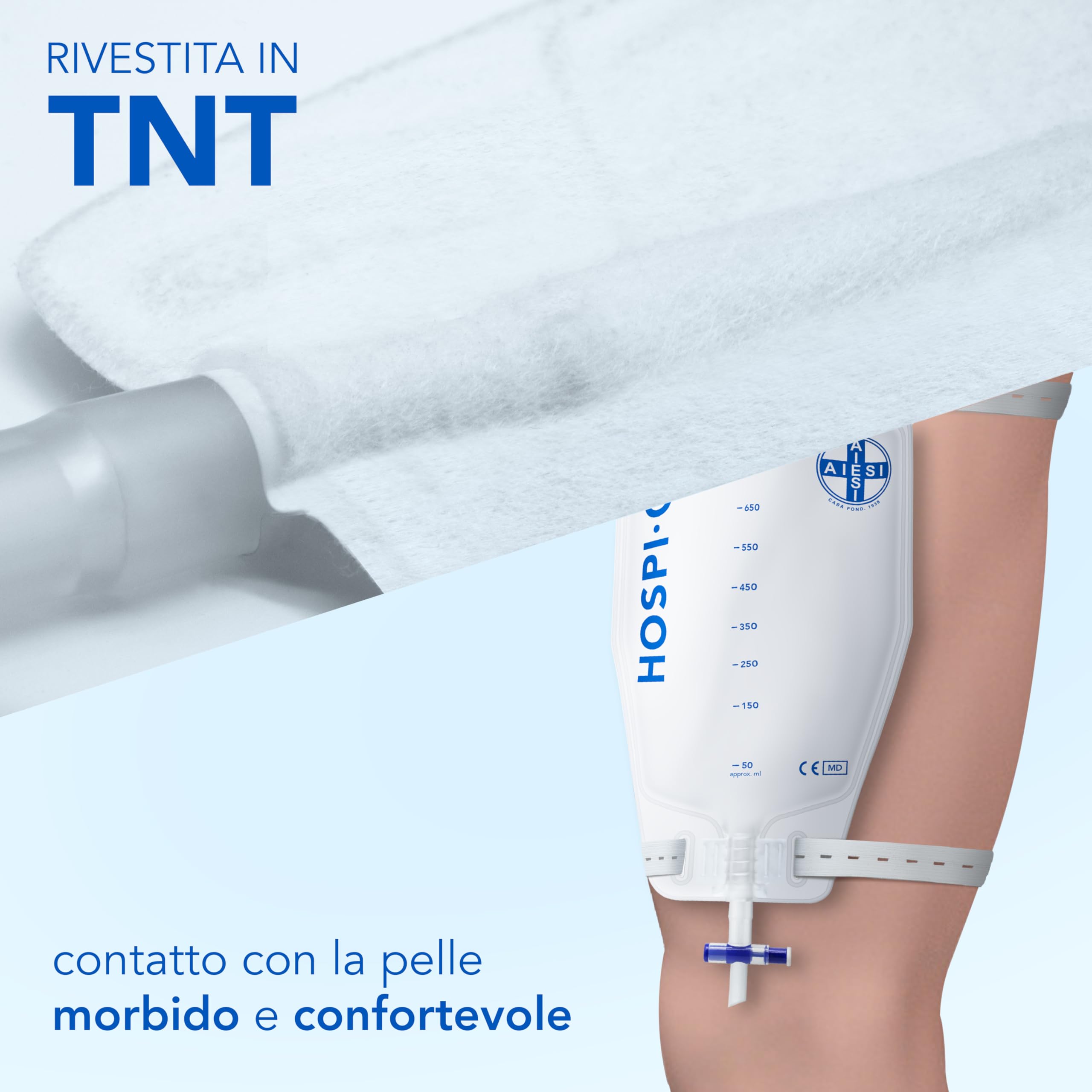 AIESI Bolsas de orina de piernas 750 ml tubo 30 cm con grifo de descarga cruzado válvula antirreflujo Paquete de 50 piezas