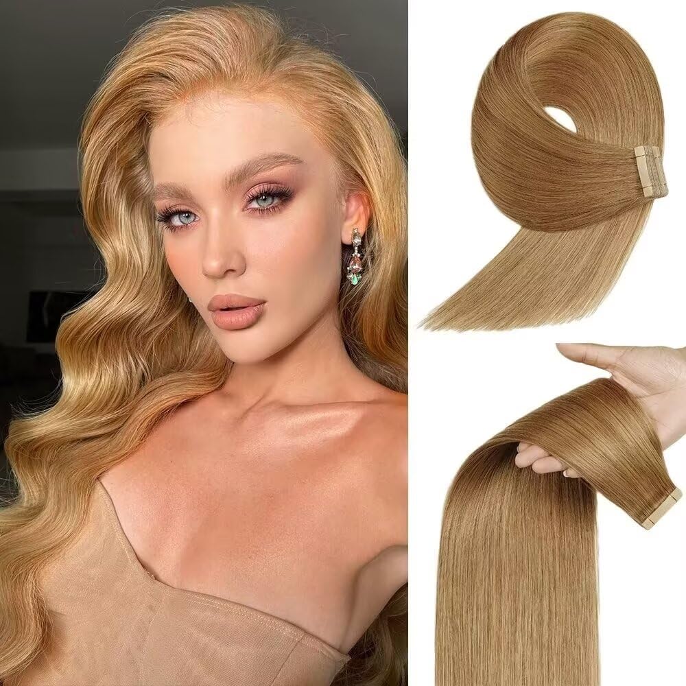 YDDM Extensiones de pelo humano con cinta adhesiva, 20 unidades, 60 cm, 50 g, color marrón claro con rubio dorado — view 31