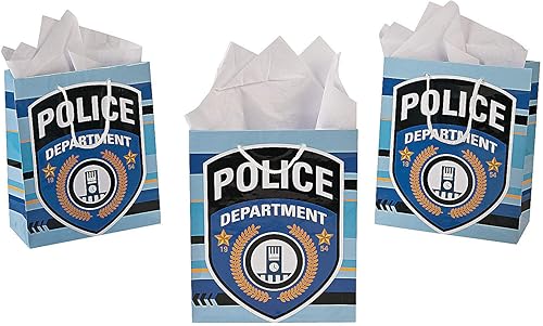 Fun Express - Bolsas de regalo de fiesta de policía Med para cumpleaños - Suministros de fiesta - Bolsas - Regalo de papel W y asas - Cumpleaños -