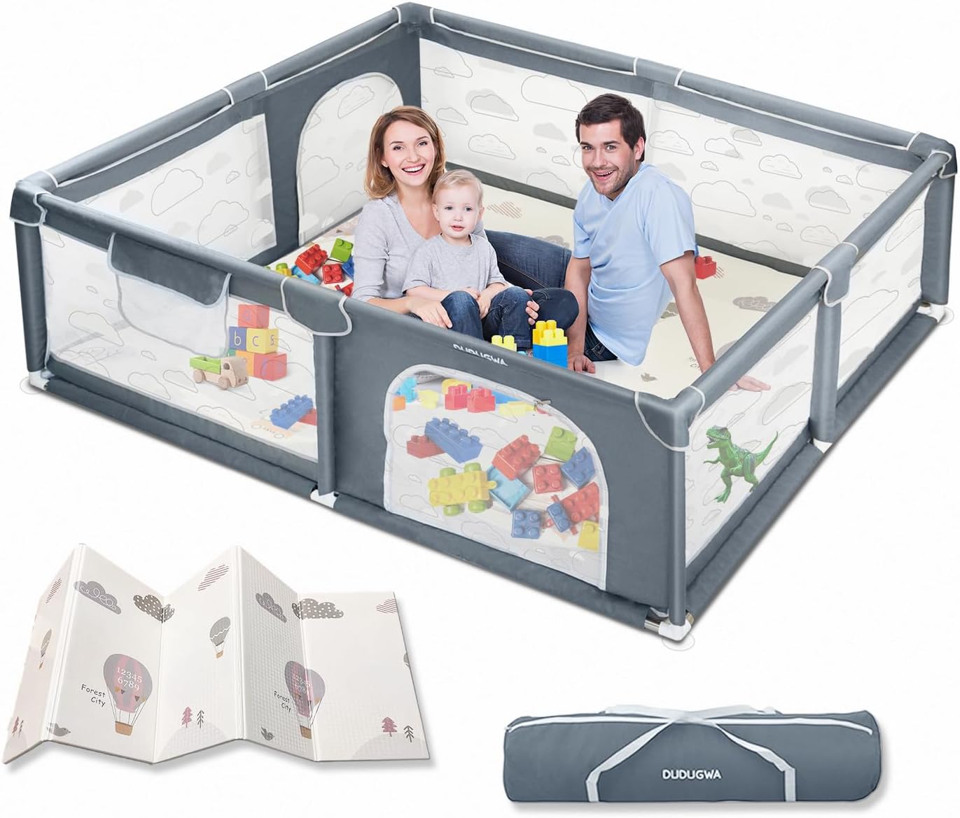 Baby Playpen, Baby Playard, Large Playpen for Babies and Toddlers with Soft Visiable Mesh, Indoor & Outdoor Kids Activity Play Center with Anti-Slip Suckers and Zipper Gate, Grey, 79×71×26 in