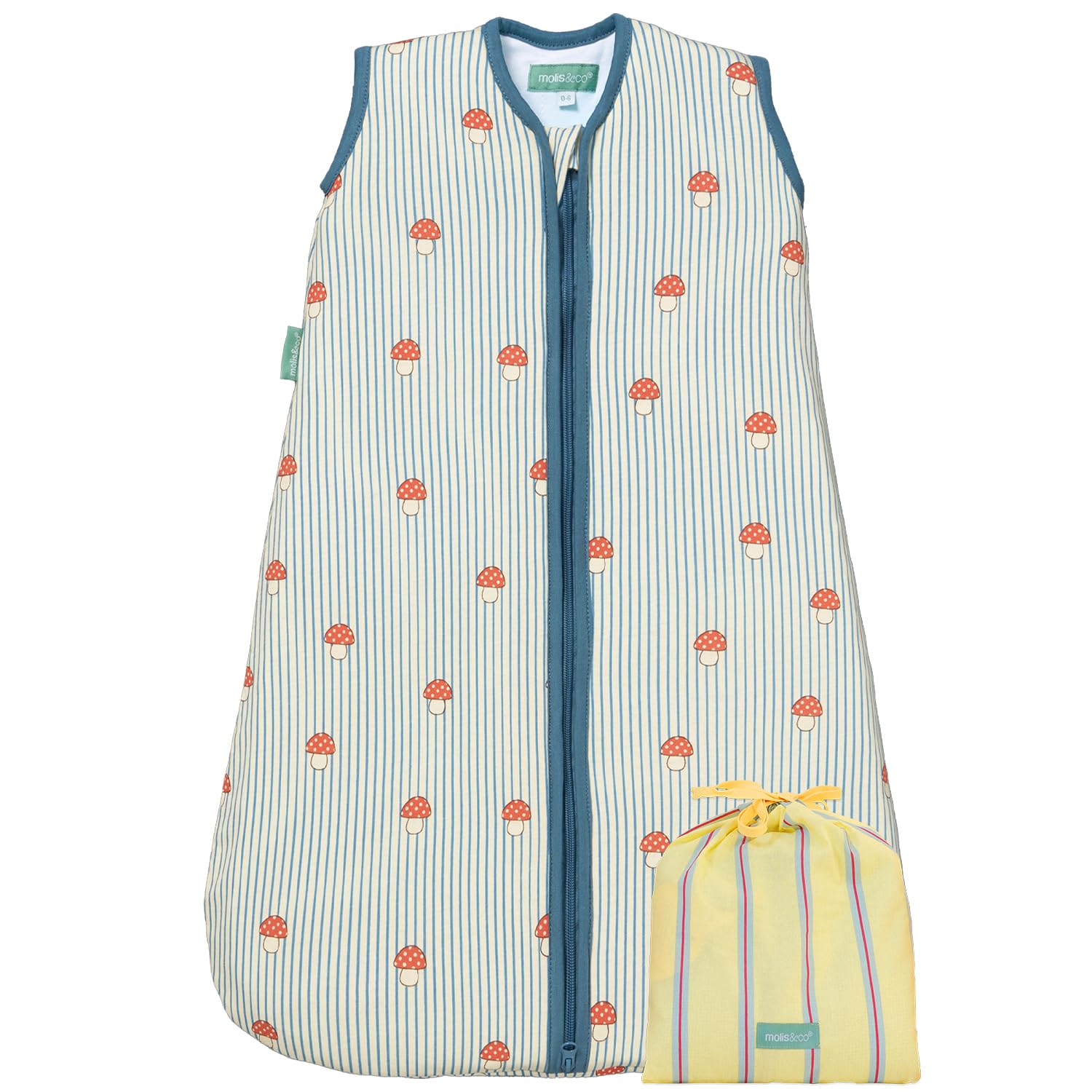 molis&co - Baby Schlafsack ärmellos - Ideal für Frühling und Herbst - Babyschlafsack 1 tog ohne Ärmel - Leicht gepolstert - 100% Baumwolle (Oeko-TEX 100), Premium Qualität - Mushrooms (85 cm)