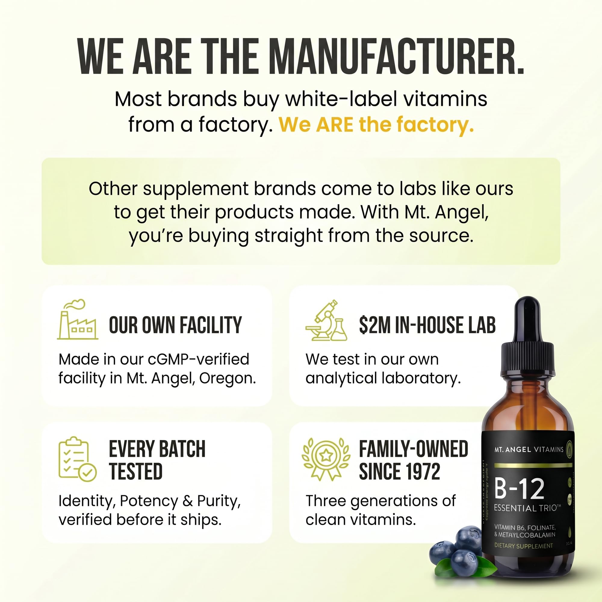 Mt. Angel Vitamins - B12 Essential Trio - Vegan Sublingual Drops with High-Potency Methyl B12, B6 & Folate - Easy Absorption Liquid - Non-GMO, Made in USA — Amazon image 5
