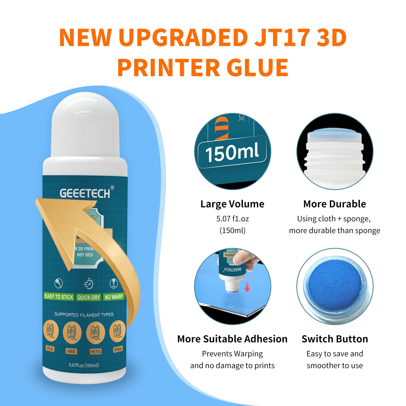 DERUC Colla per stampante 3D, JT17, 150 ml, confezione da 3, perfetta adesione della stampante 3D, formula solubile in acqua, colla per stampa 3D, compatibile con PLA, ABS, filamento PETG