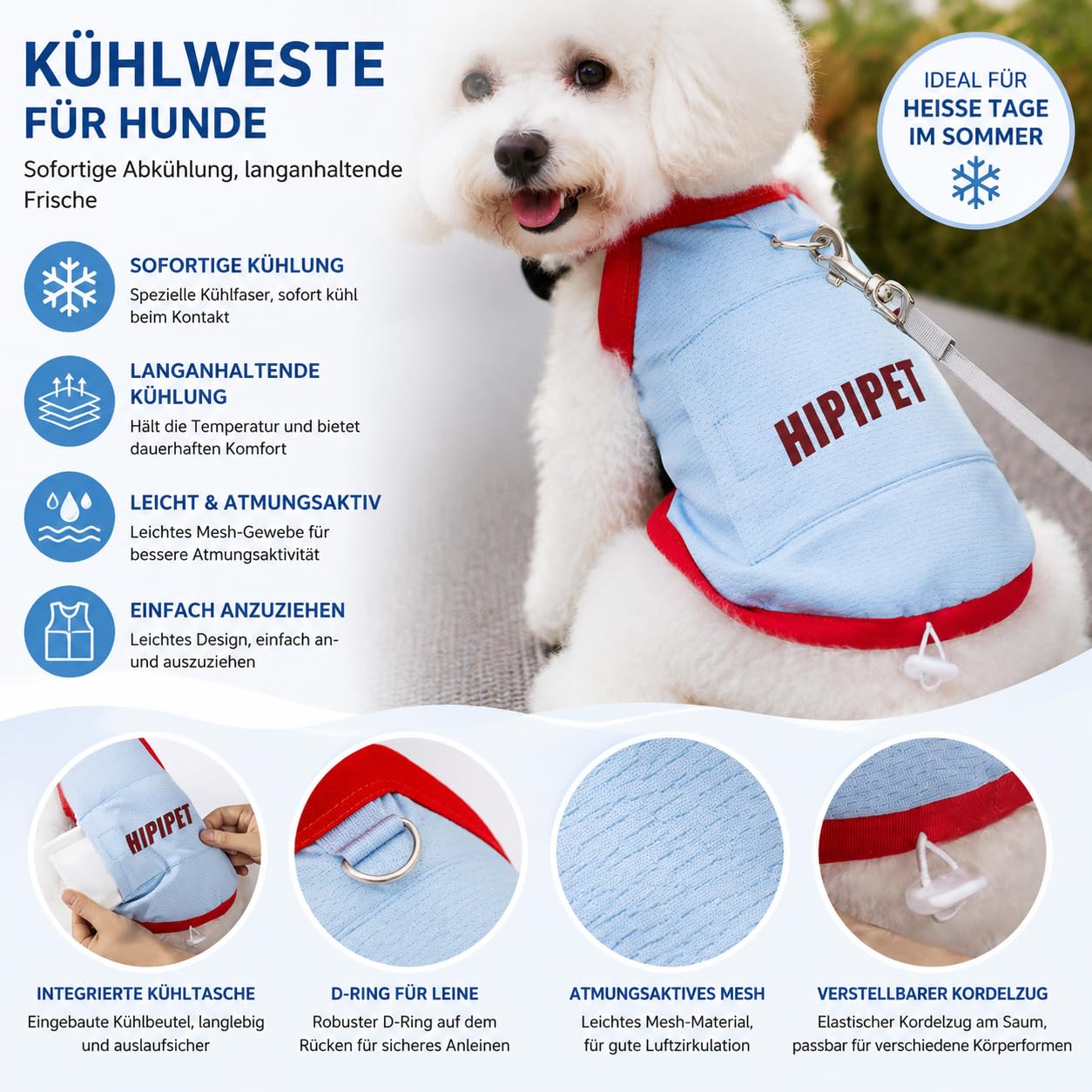 Kühlweste Hund – Sommer Kühljacke mit Ice Pack & Kapuze, Atmungsaktiv, UPF50+ Sonnenschutz, Sonnenschutz Hunde XS–XXL für kleine & mittelgroße Hunde