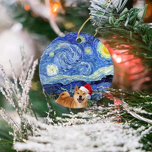 Miniatura 4 de Shiba Inu - Adornos de Navidad 2023, sombrero de Papá Noel, redondo, de cerámica, adorno de árbol de Navidad de porcelana para un amante de los
