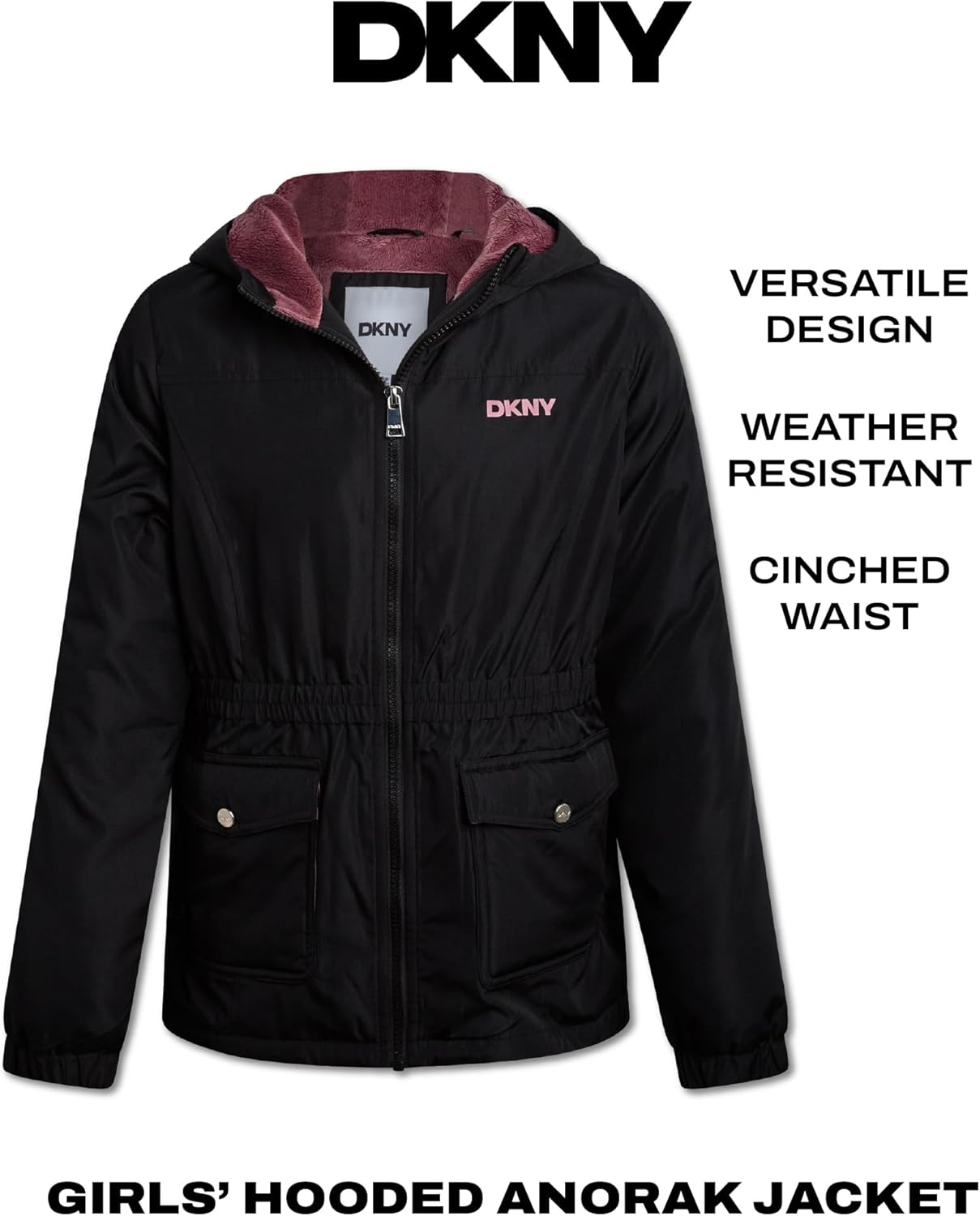 DKNY Girls Winter Jacket - Cozy Sherpa Fur Lined Weather Resistant Anorak Jacket - Full Zip Hooded Jacket for Girls - Image 3