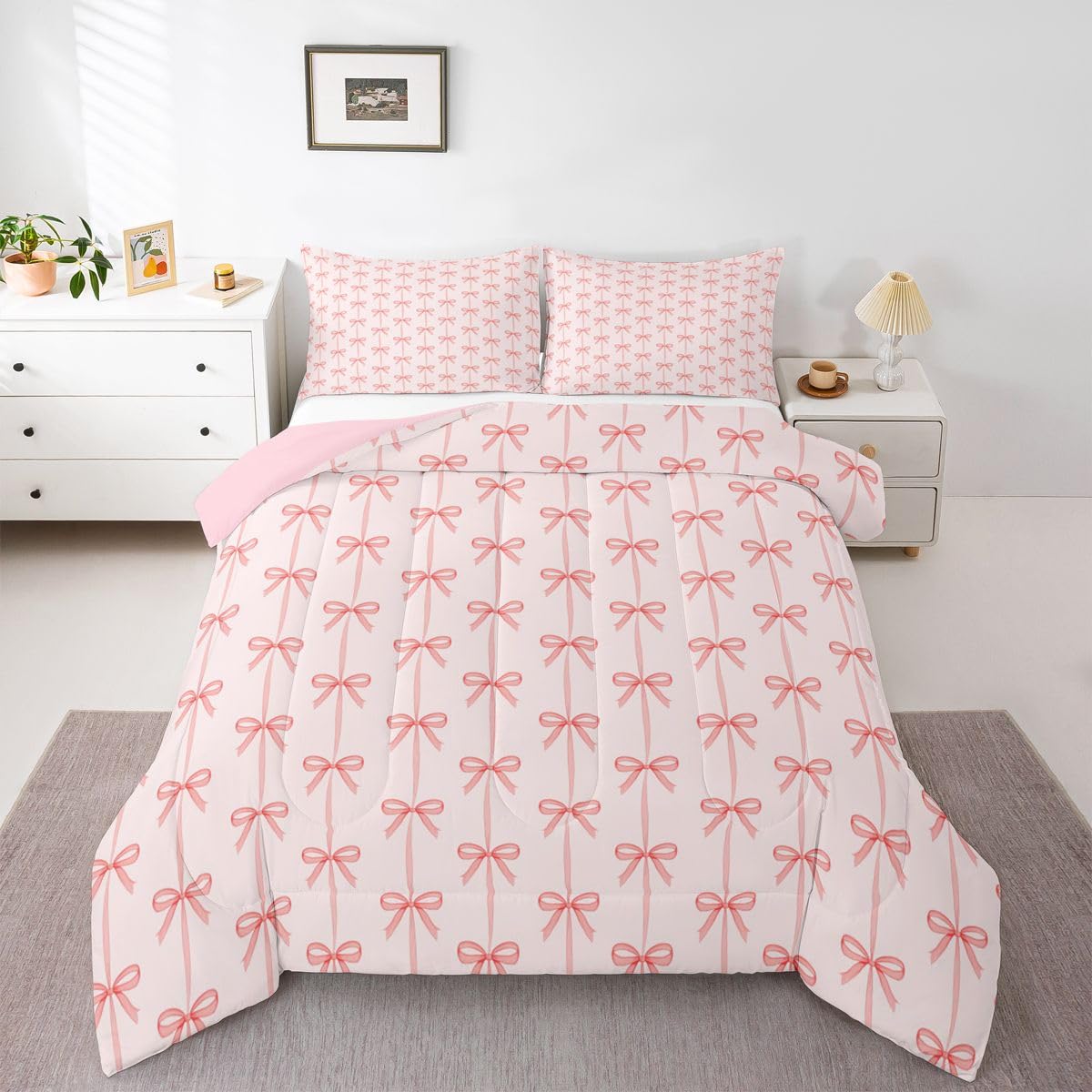 Erosebridal Princess Bow Tie Comforter Set Toddler Size Coquette Bowknot Bedding Set for Kids Boys Girls Cute Bows Comforter Kawaii Pink Ribbon Quilt Bedroom Decor