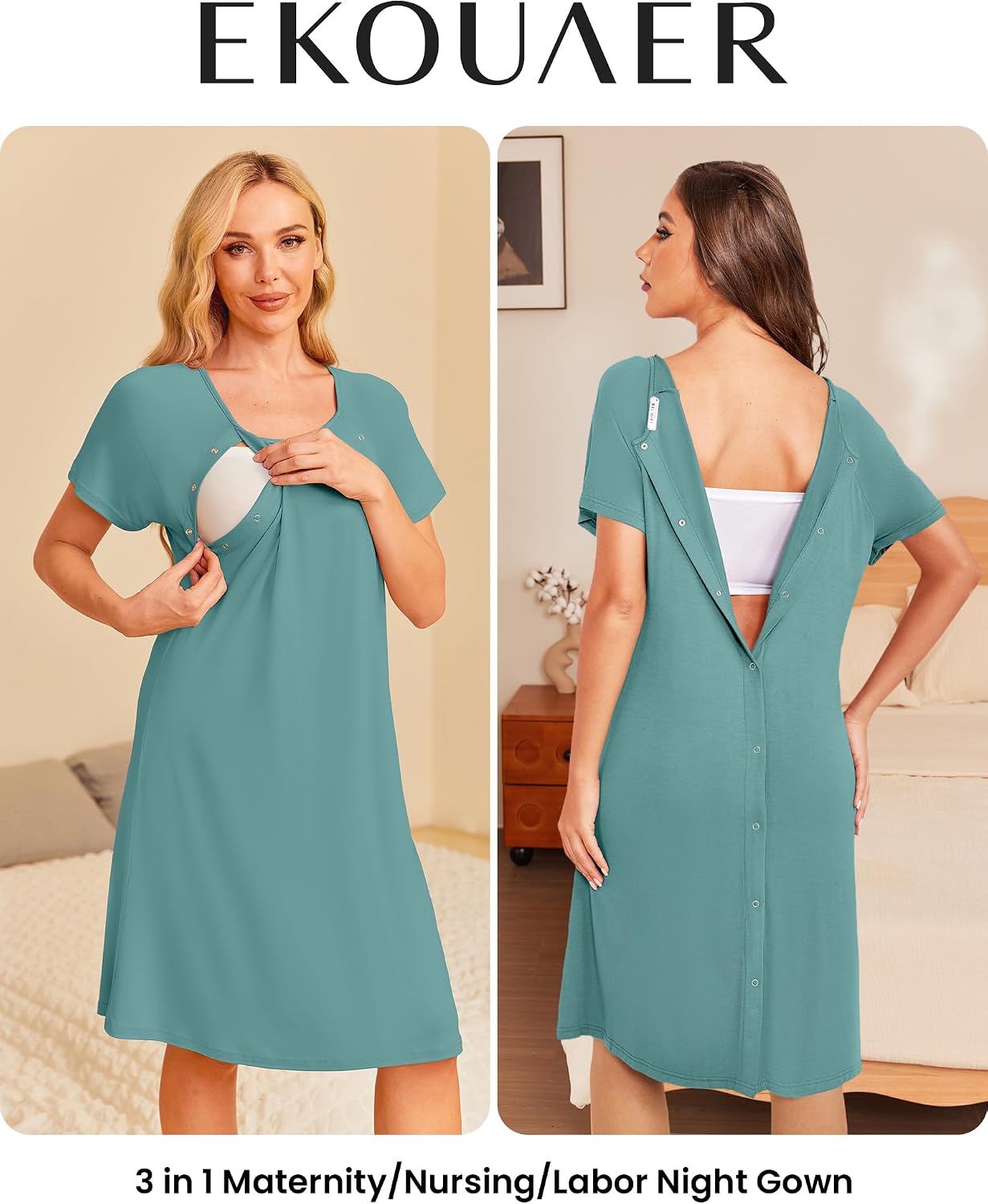 Ekouaer Women’s Nursing/Delivery/Labor/Hospital Nightdress Short Sleeve Maternity Nightgown with Button S-XXL