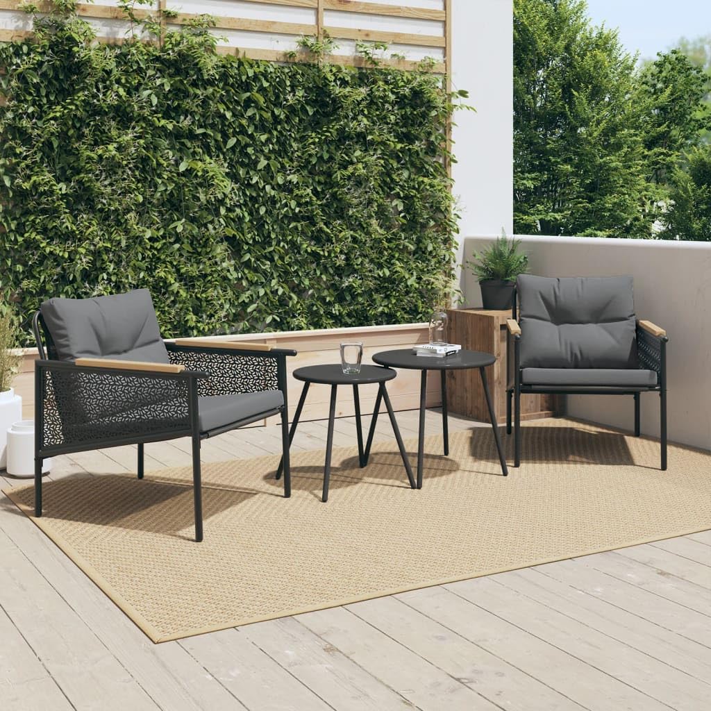 Set di 2 Sedie da Giardino con Cuscini e Braccioli in Teak, Nere | Poltrone da esterno per terrazzo e patio con solido telaio in acciaio, seduta traspirante e imbottitura sfoderabile.