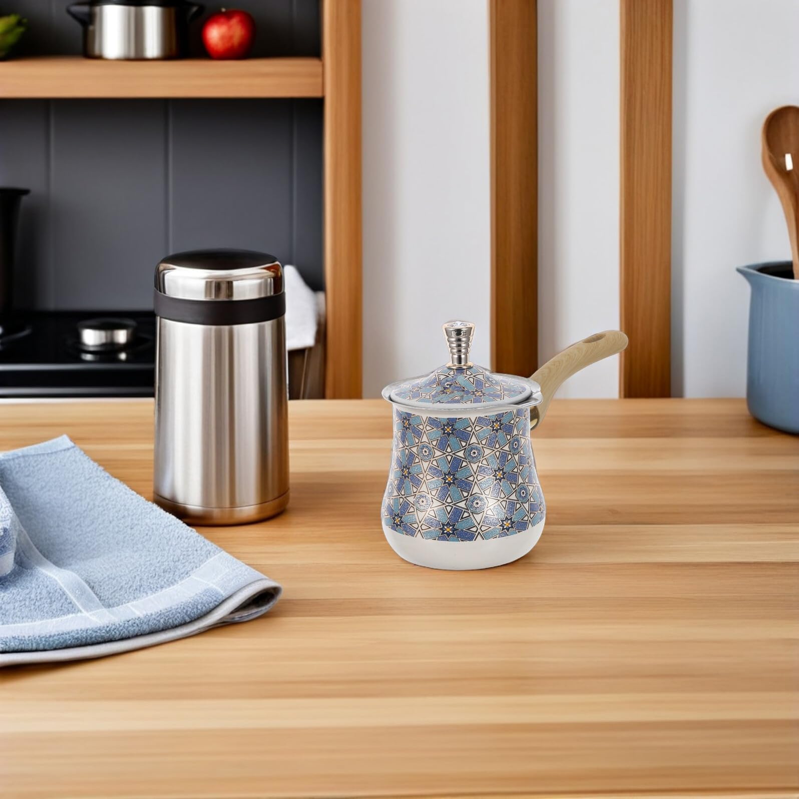 VICASKY Caffettiera Turca in Acciaio Inox 720 Ml, Macchina per Caffè Turco e Scaldalatte da Fornello, con Manico in Legno, Compatibile Induzione, per Uso Domestico e Preparazione Caffè