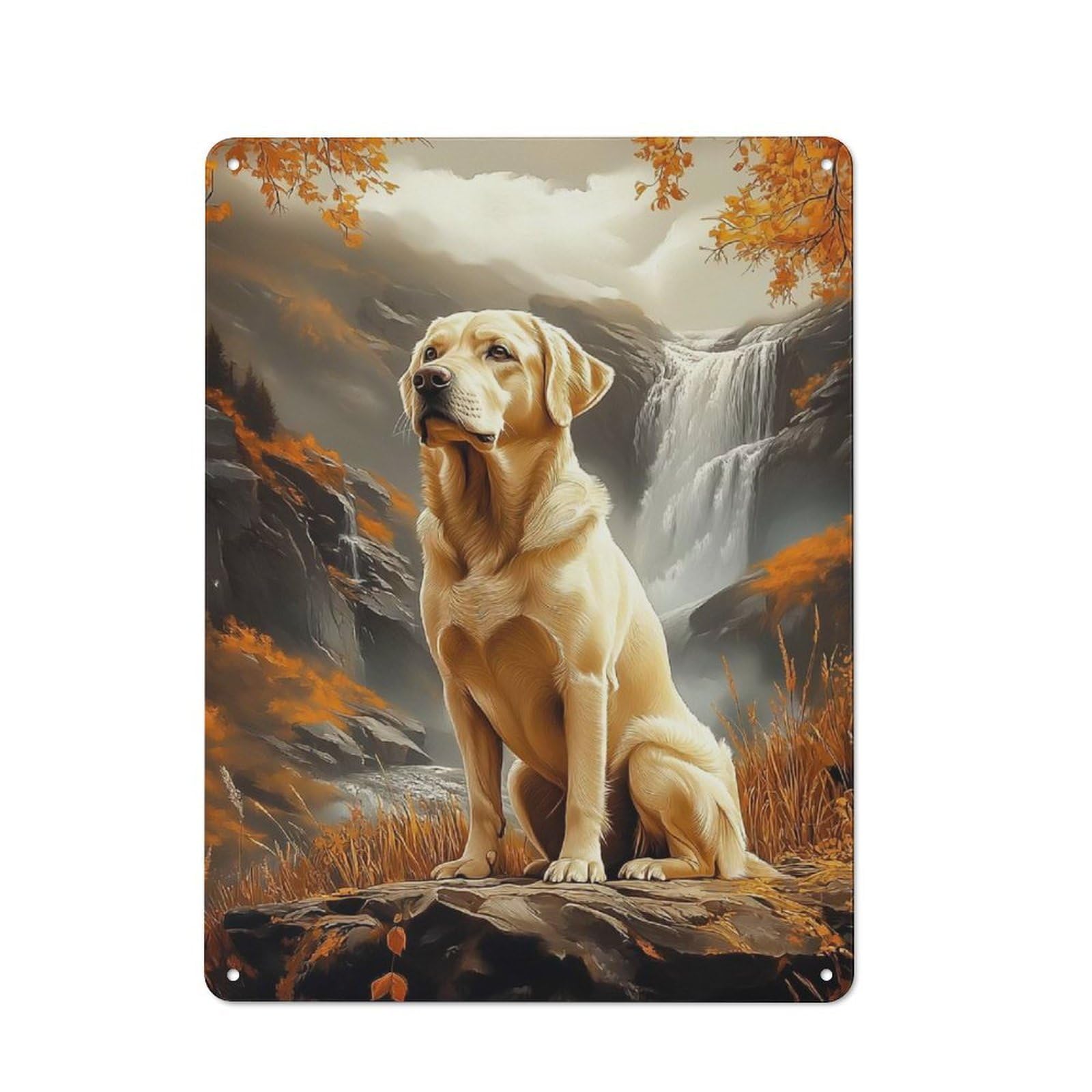 Tin Wall Plaque 40x30cm with Labrador Retriever by Waterfall for Living Room Wall, Suited to Living Room Decor Lovers