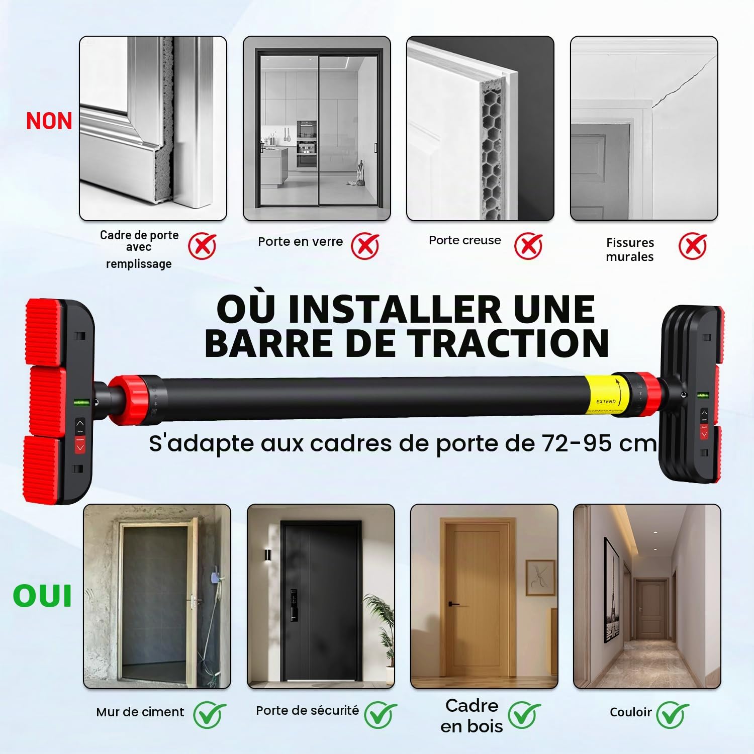 Barre de Traction réglable (72-120 cm), Barre de Tractions Porte, Barre de Traction sans Fixation Installation sans Vis, Chargeable Jusqu'à maximum 200 kg, Pour le Fitness à la Maison
