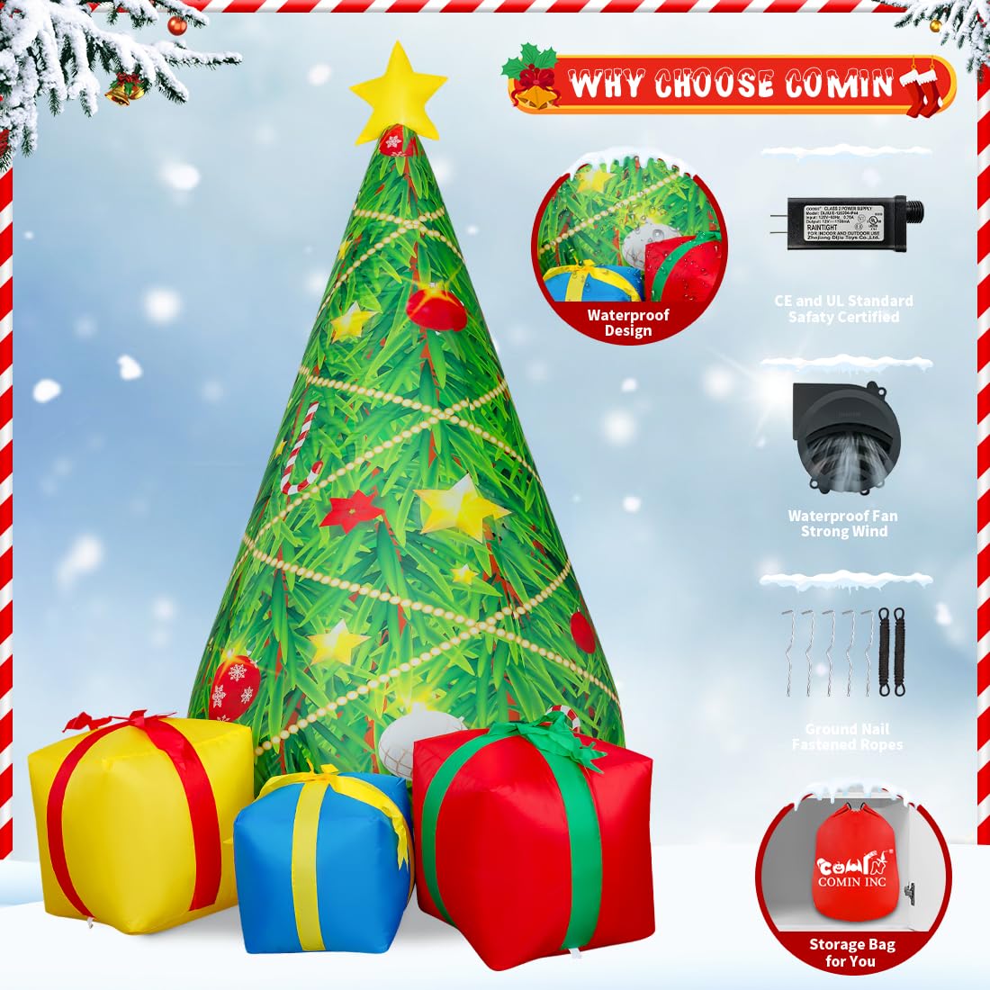 COMIN Pupazzo di neve gonfiabile natalizio all'aperto con scatola, decorazione da cortile con luci LED integrate per vacanze/festa/Natale/cortile/giardino