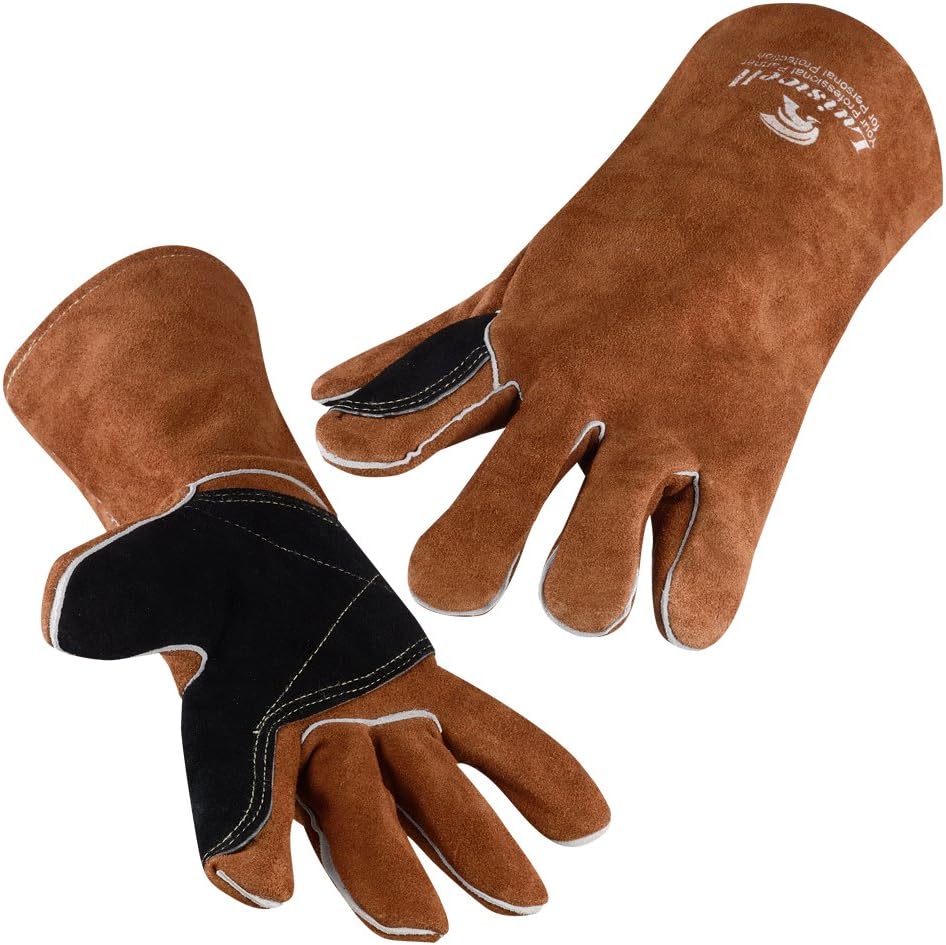 8007 Welding Gloves Heat Resistant Premium Cowhide Split Side Leather Tig Mig Arc Stick Welder Fireplace Gloves, Seamless Forefinger, Palm and Thumb Double Reinforced, 14 inch Long, Brown