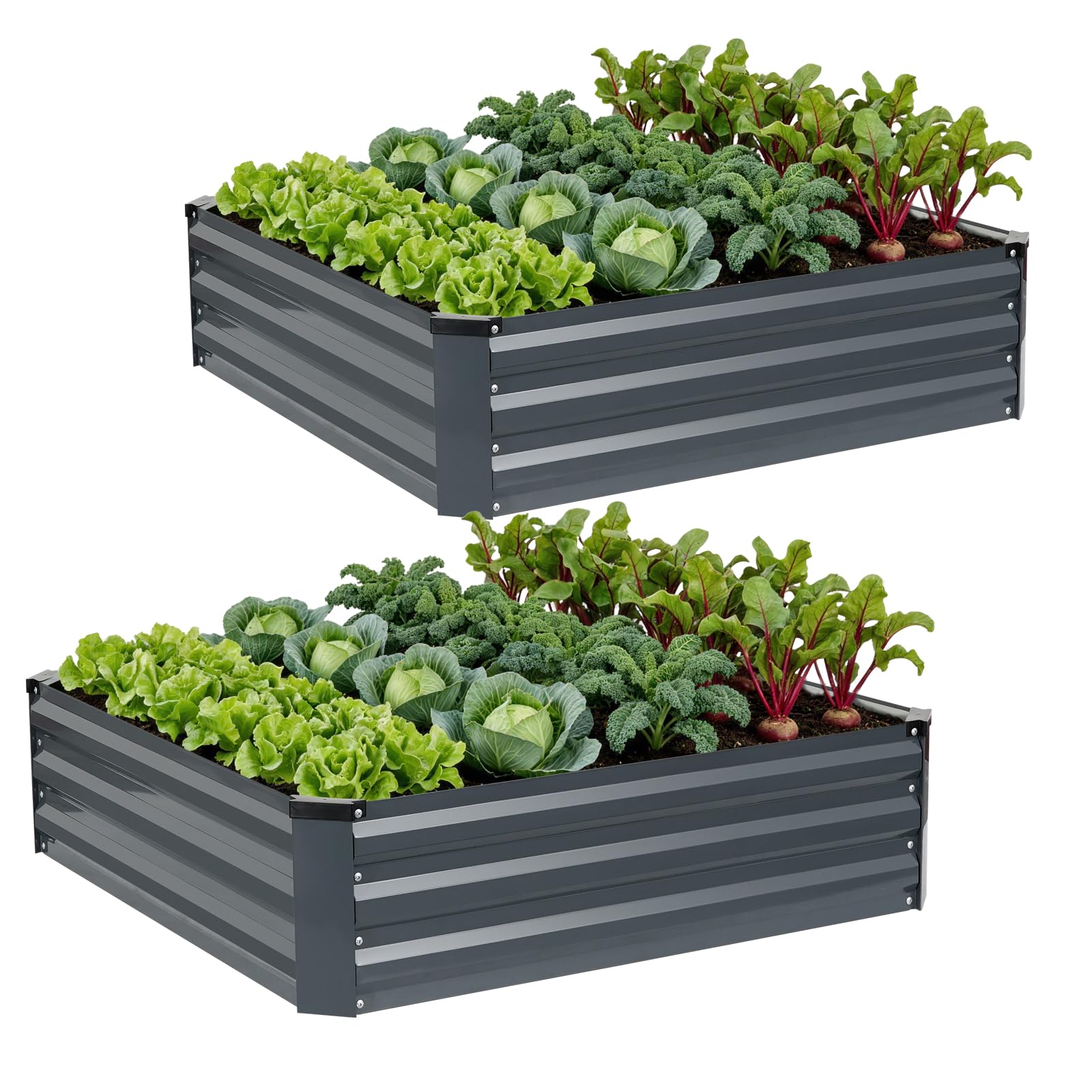 WILLOW WEAVE Set of 2 Raised Beds for Garden, Galvanized Steel Planters Outdoor for Growing Plants, Vegetables, Flowers and Herbs, 120x120x30cm, Grey