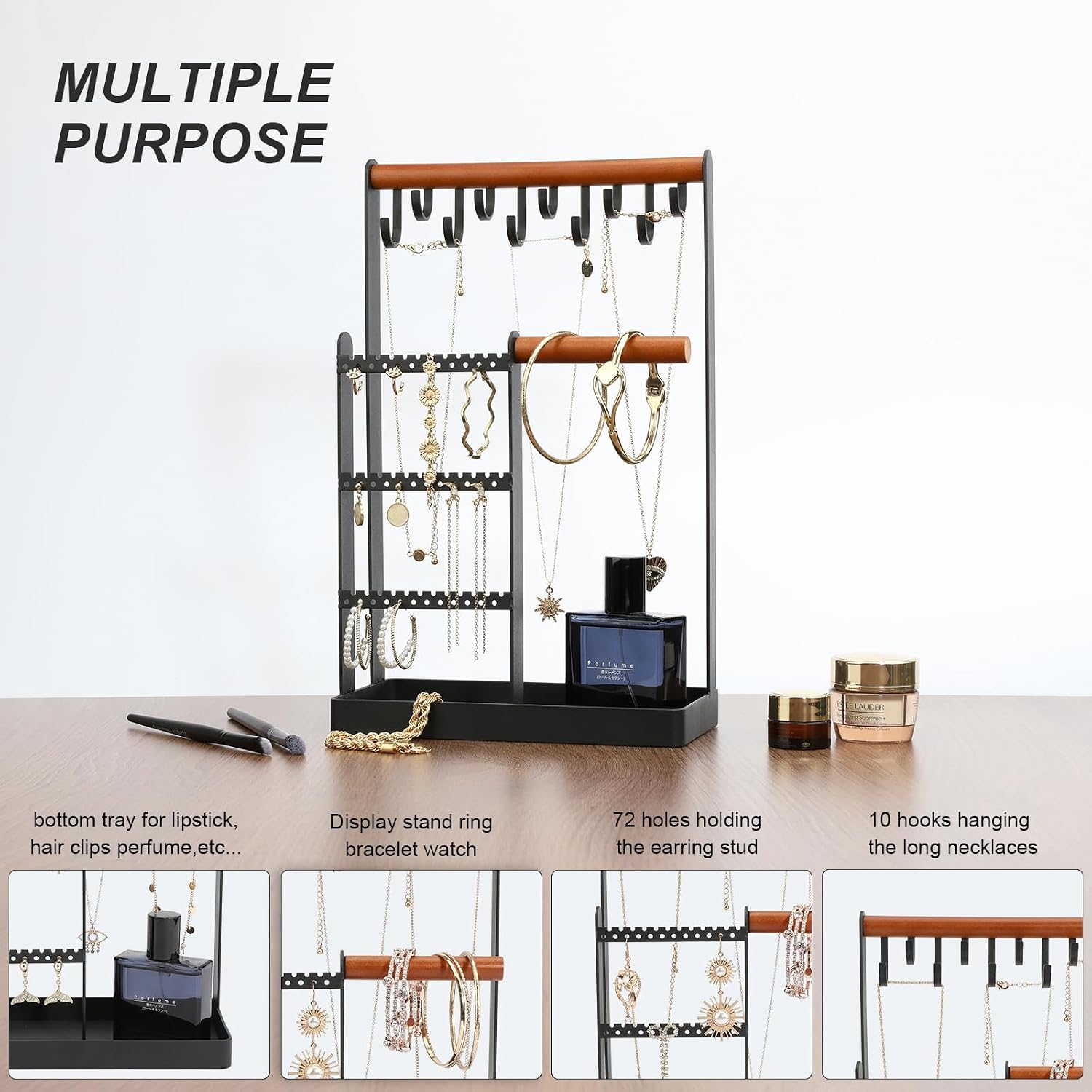 Jewelry Organizer Stand Jewelry Tower Display Holder, 4-Tier Jewelry Tower Rack, 10 Hooks Necklaces Hanger Jewelry Stand with 72 Holes for Earring Holder - Modern Black