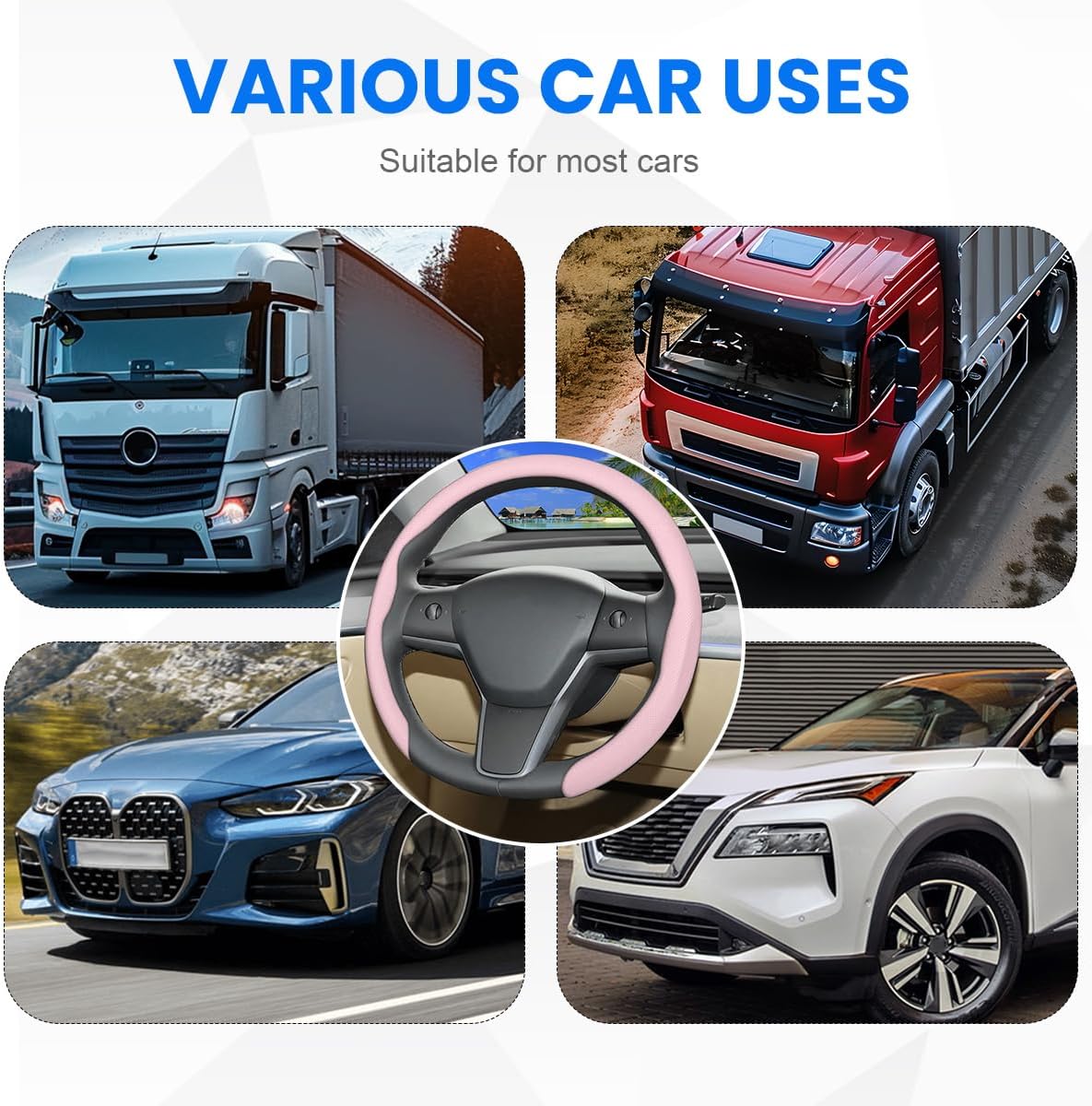 Car Steering Wheel Cover, Non-Slip 15 Inch Breathable Automotive Wheel Protector, Enhanced Driving Comfort Vehicle Interior Steering Cover Accessories, Universal for Truck SUV (Pink)