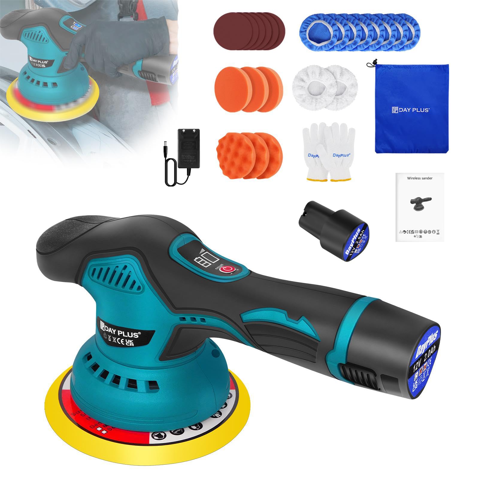 Polisseuse sans fil, avec 2 batteries 2000 mAh et chargeur, portable pour l'entretien de la voiture, 8 vitesses variables, pour polir et cirer